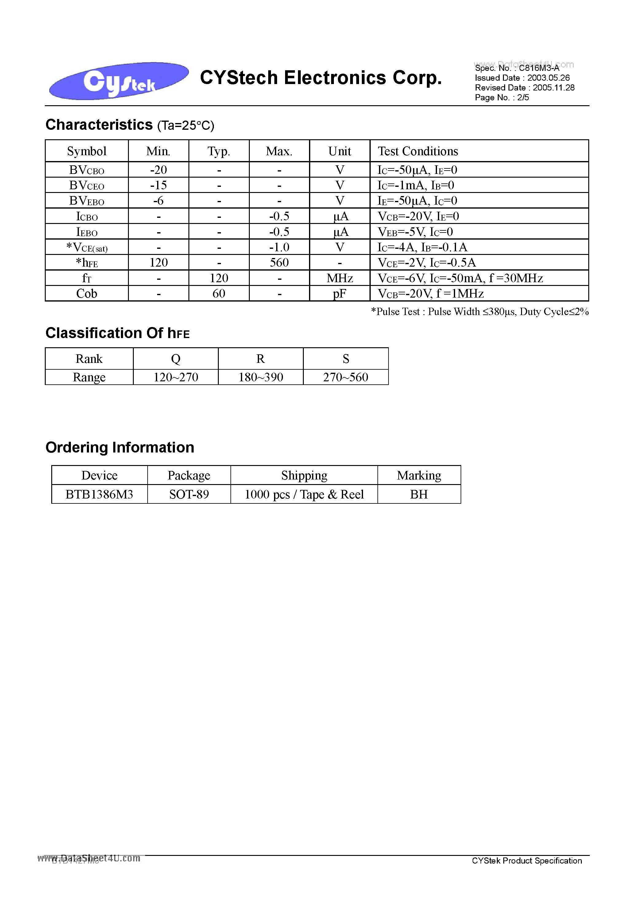 Datasheet BTB1427M3 - Low Vcesat PNP Epitaxial Planar Transistor page 2