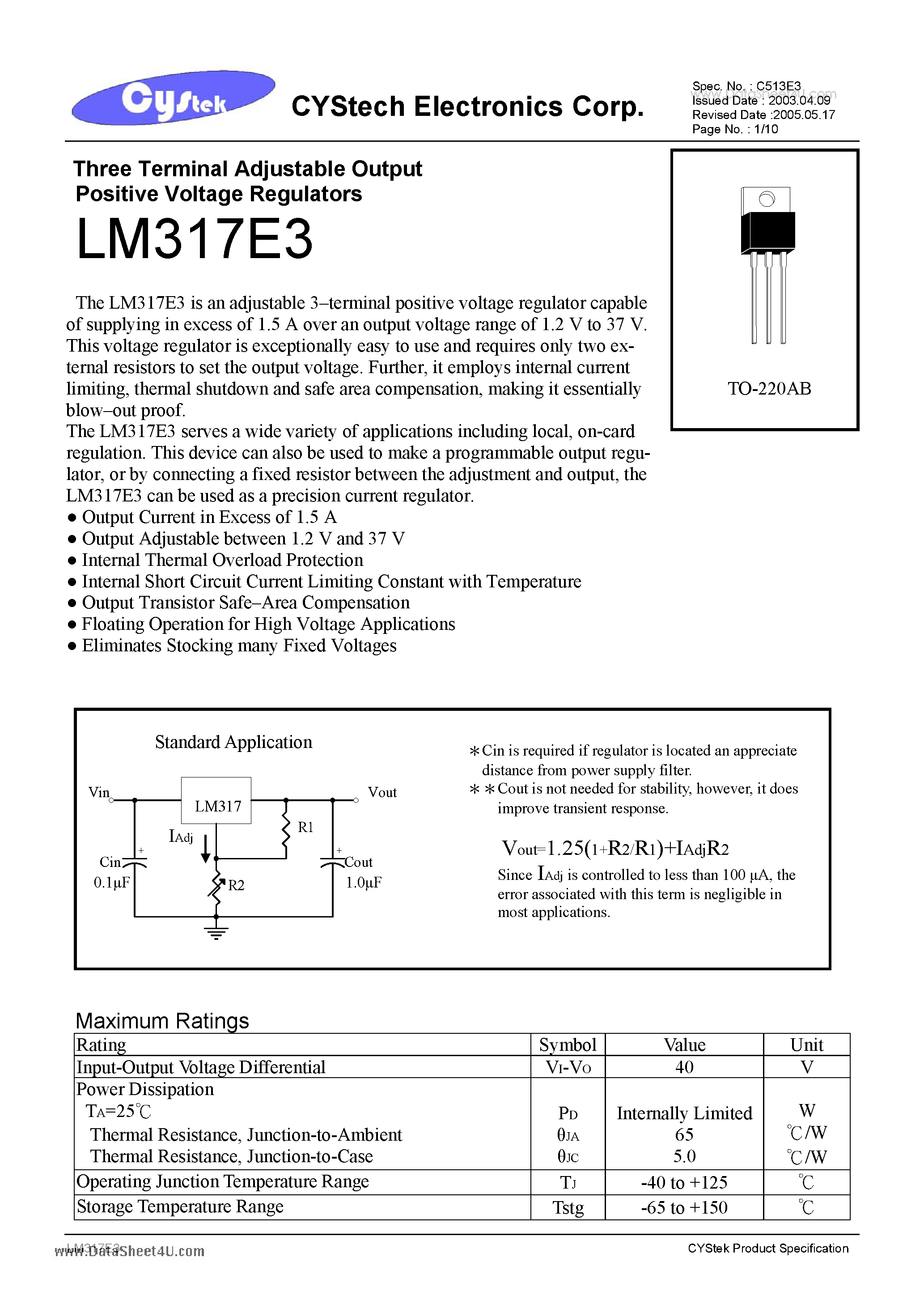 Даташит LM317E3 - Three Terminal Adjustable Output Positive Voltage Regulators страница 1