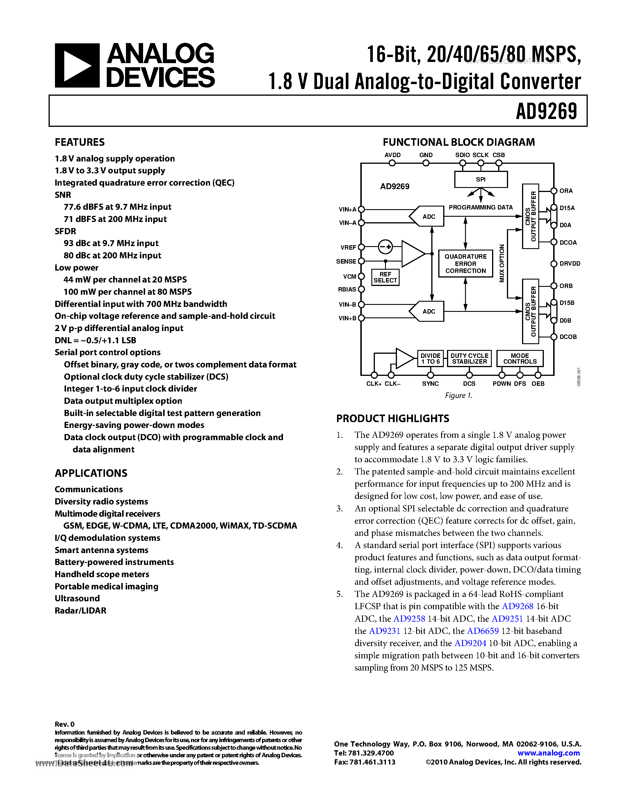 Datasheet AD9269 - 1.8 V Dual Analog-to-Digital Converter page 1