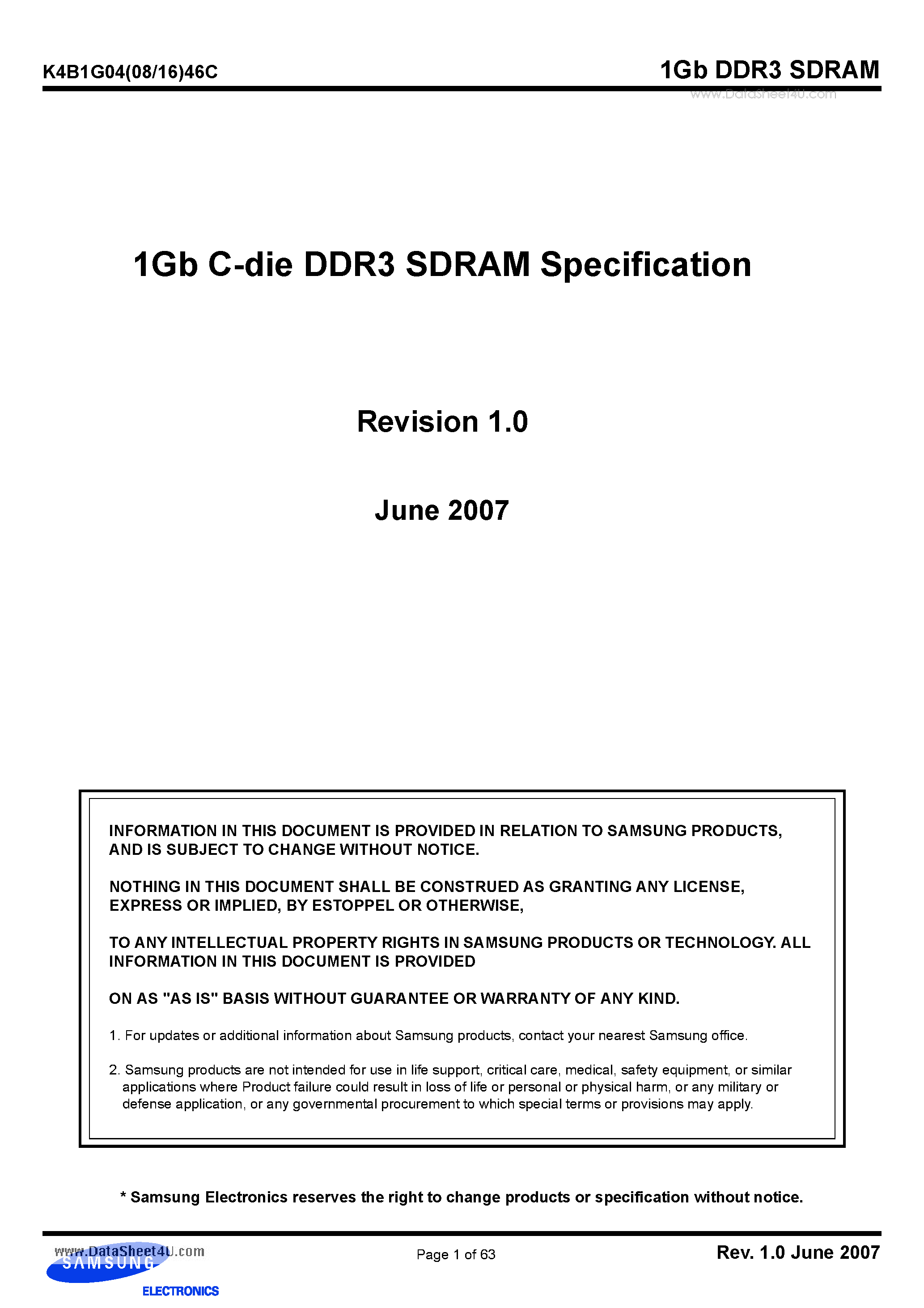 Datasheet K4B1G0446C - 1Gb C-die DDR3 SDRAM Specification page 1