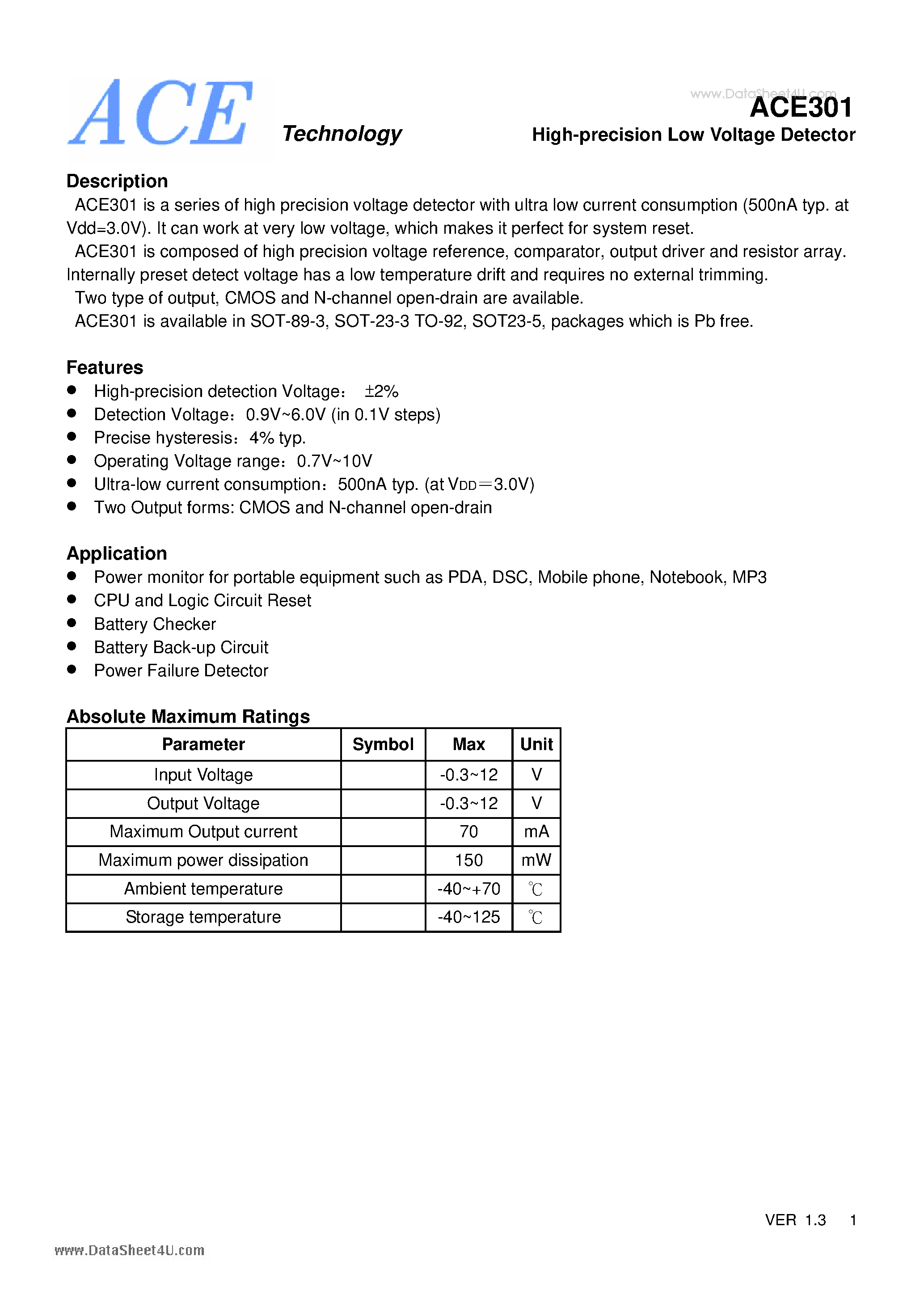 Datasheet ACE301 - High-precision Low Voltage Detector page 1