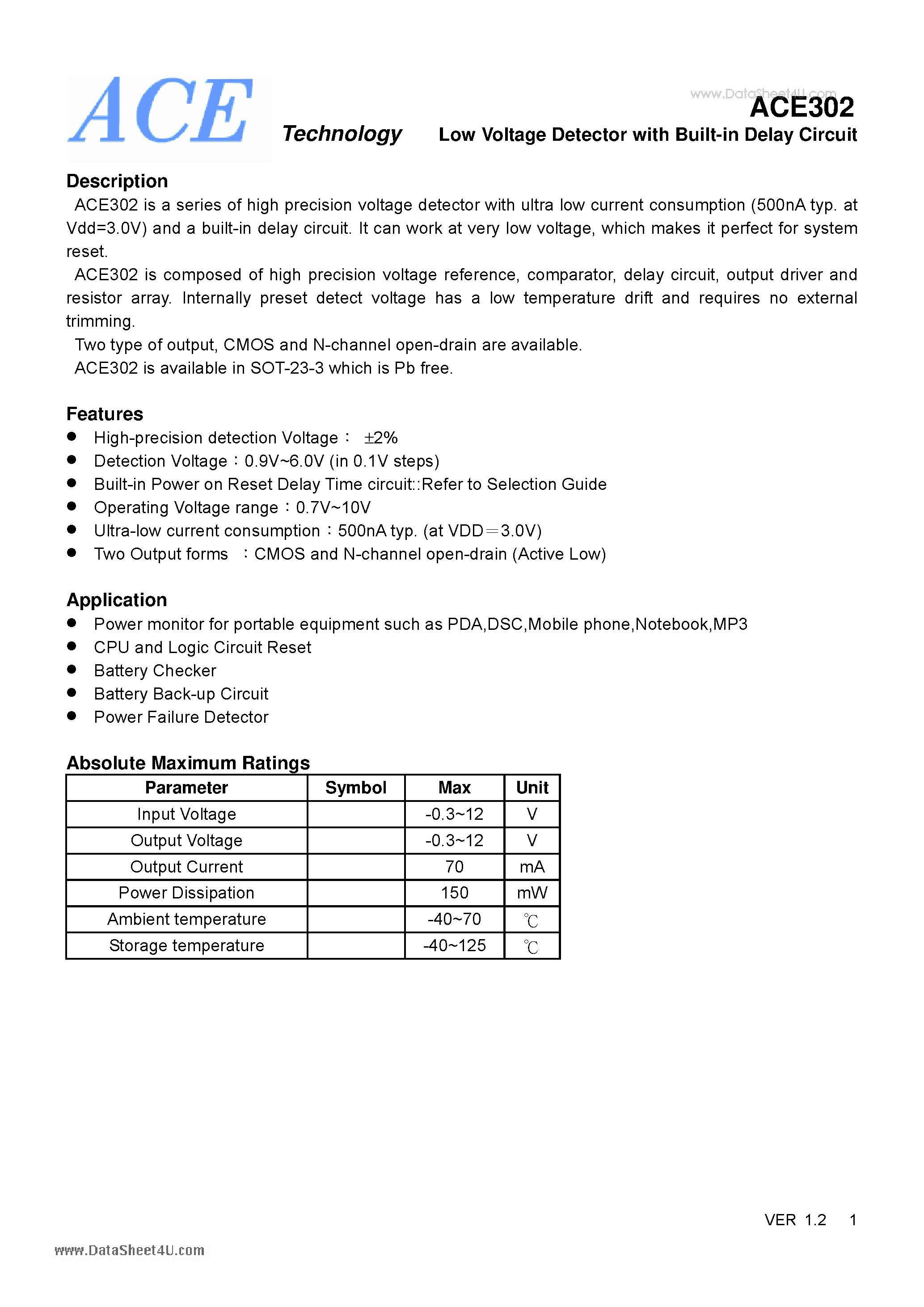 Datasheet ACE302 - Low Voltage Detector page 1