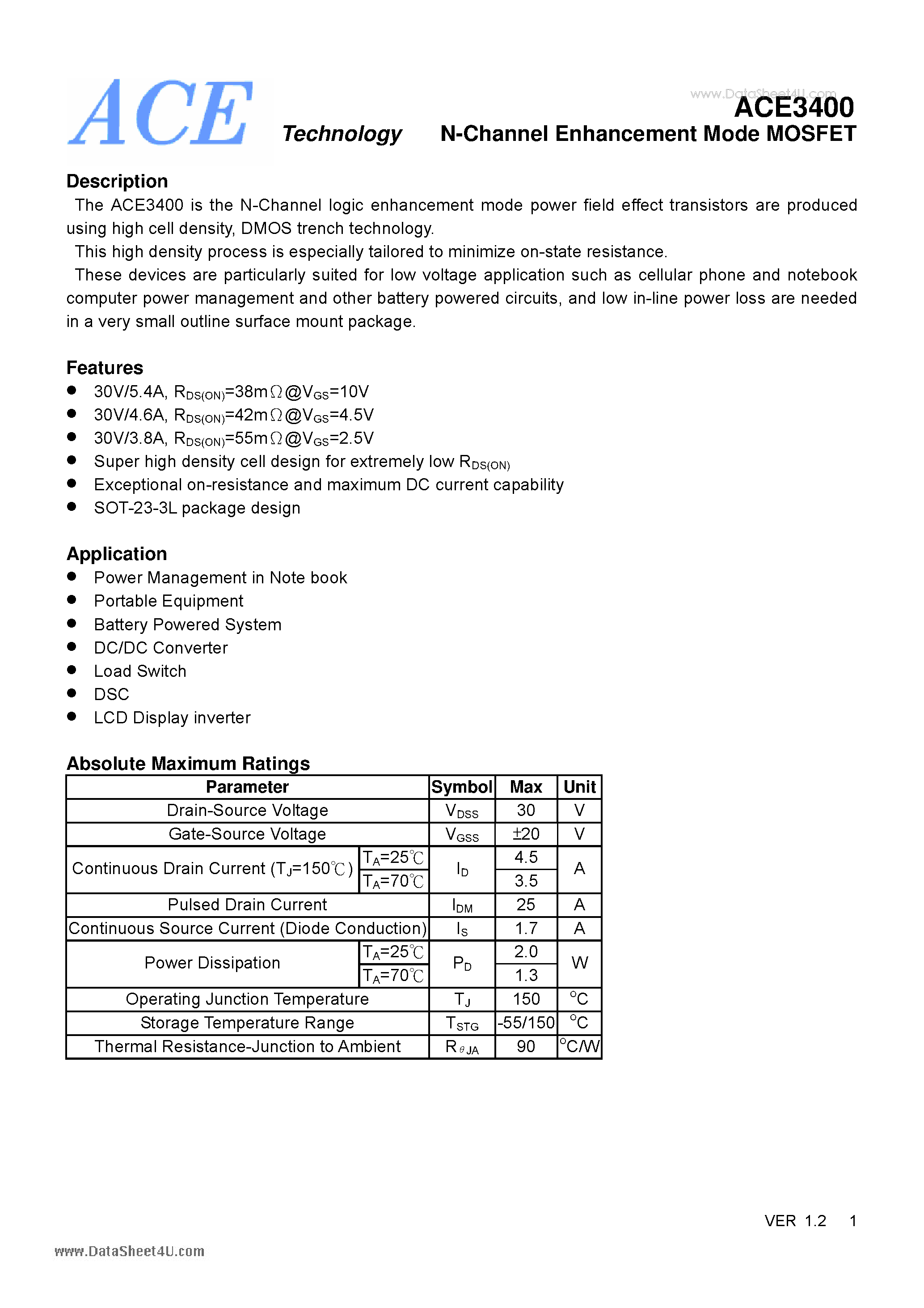 Datasheet ACE3400 - N-Channel Enhancement Mode MOSFET page 1