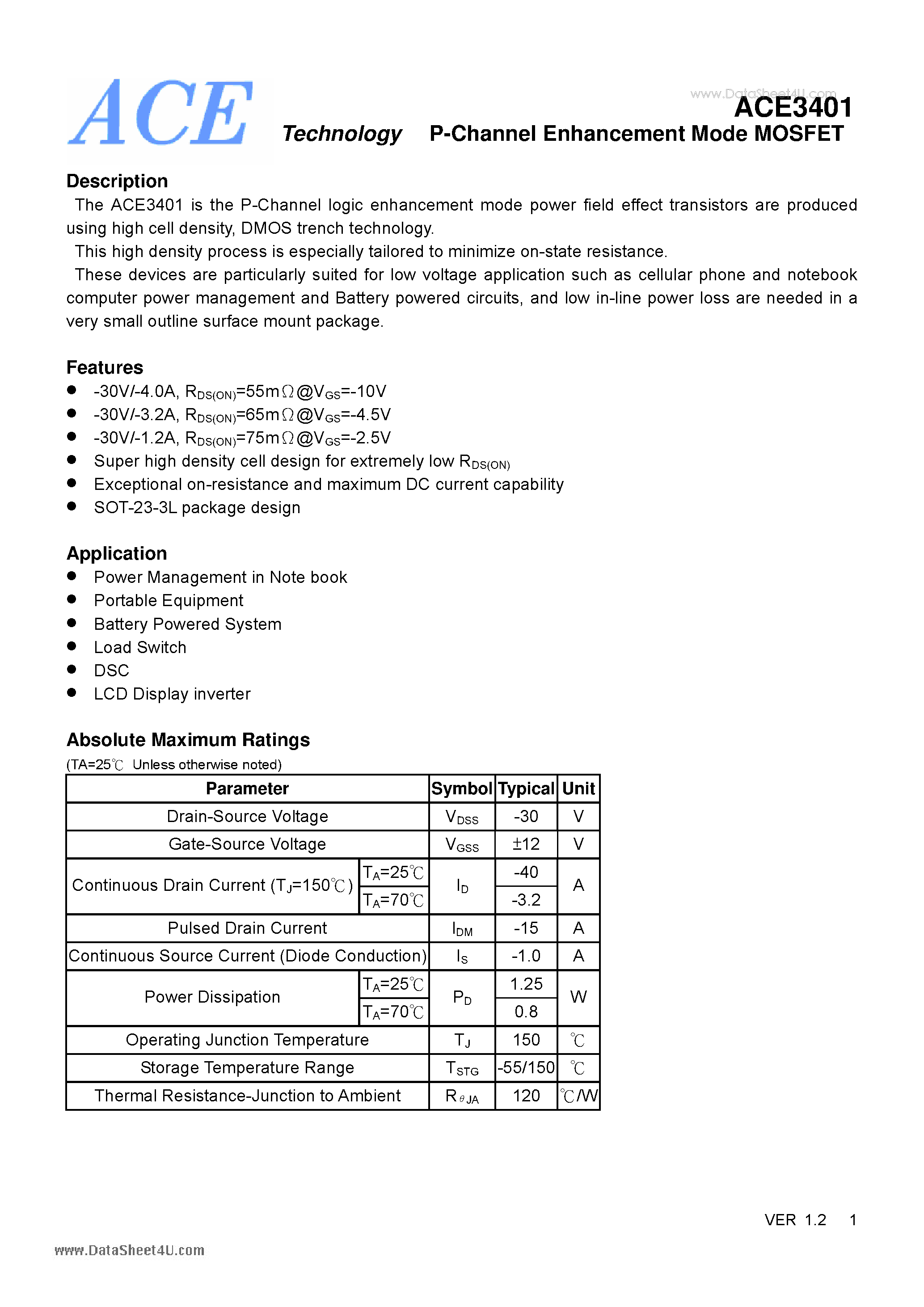 Datasheet ACE3401 - P-Channel Enhancement Mode MOSFET page 1