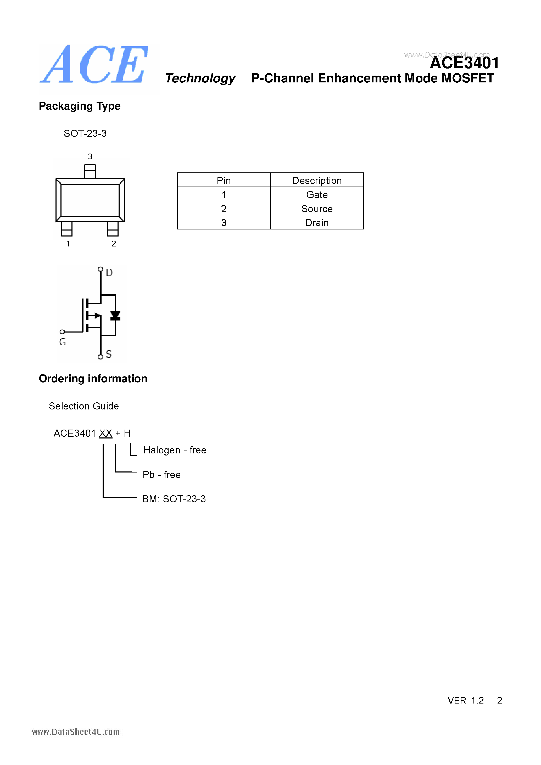 Datasheet ACE3401 - P-Channel Enhancement Mode MOSFET page 2