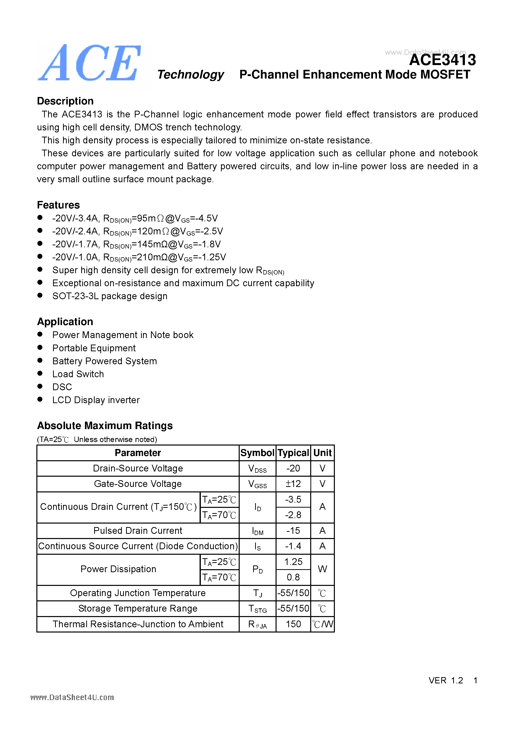 Datasheet ACE3413 - P-Channel Enhancement Mode MOSFET page 1