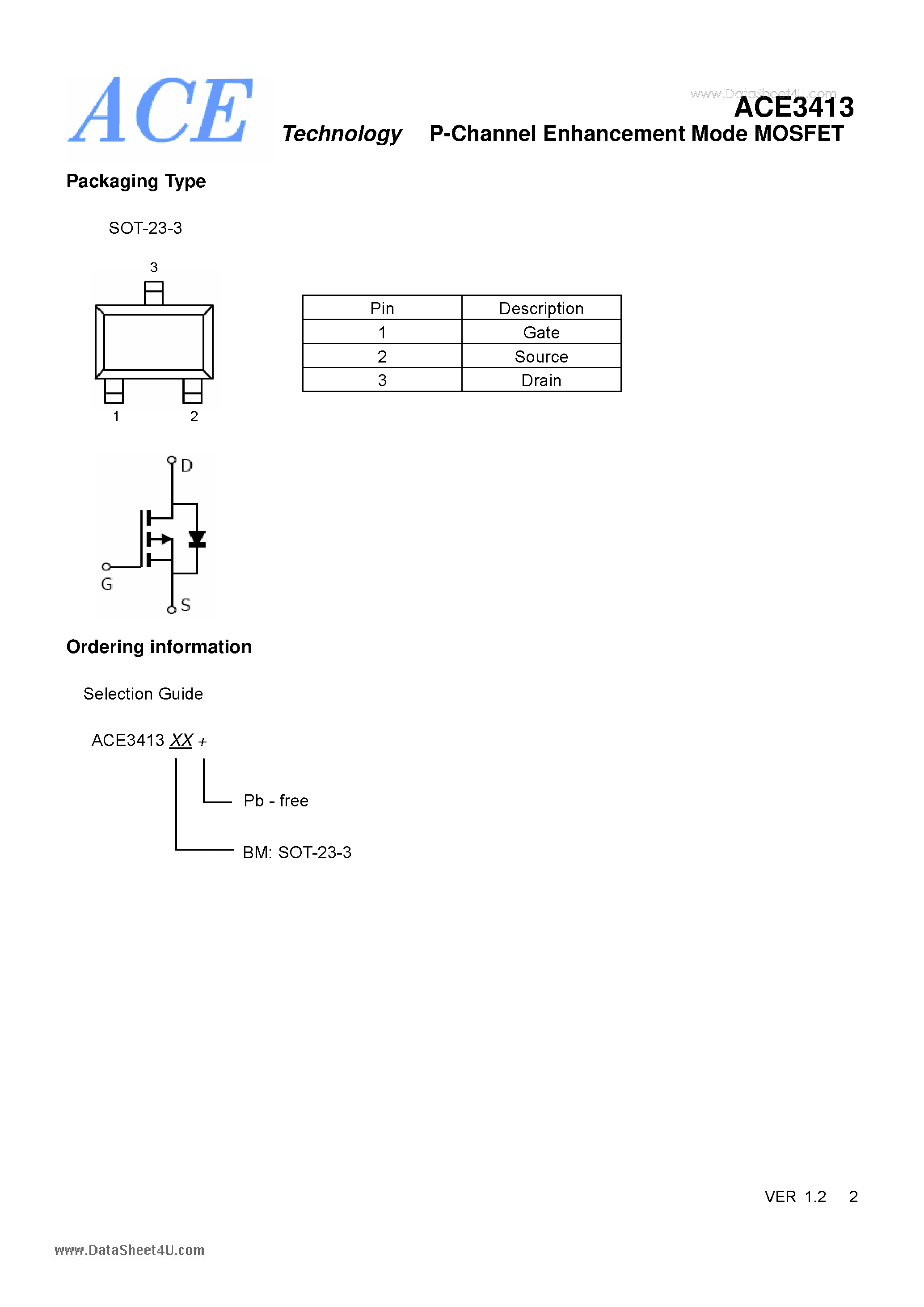 Datasheet ACE3413 - P-Channel Enhancement Mode MOSFET page 2