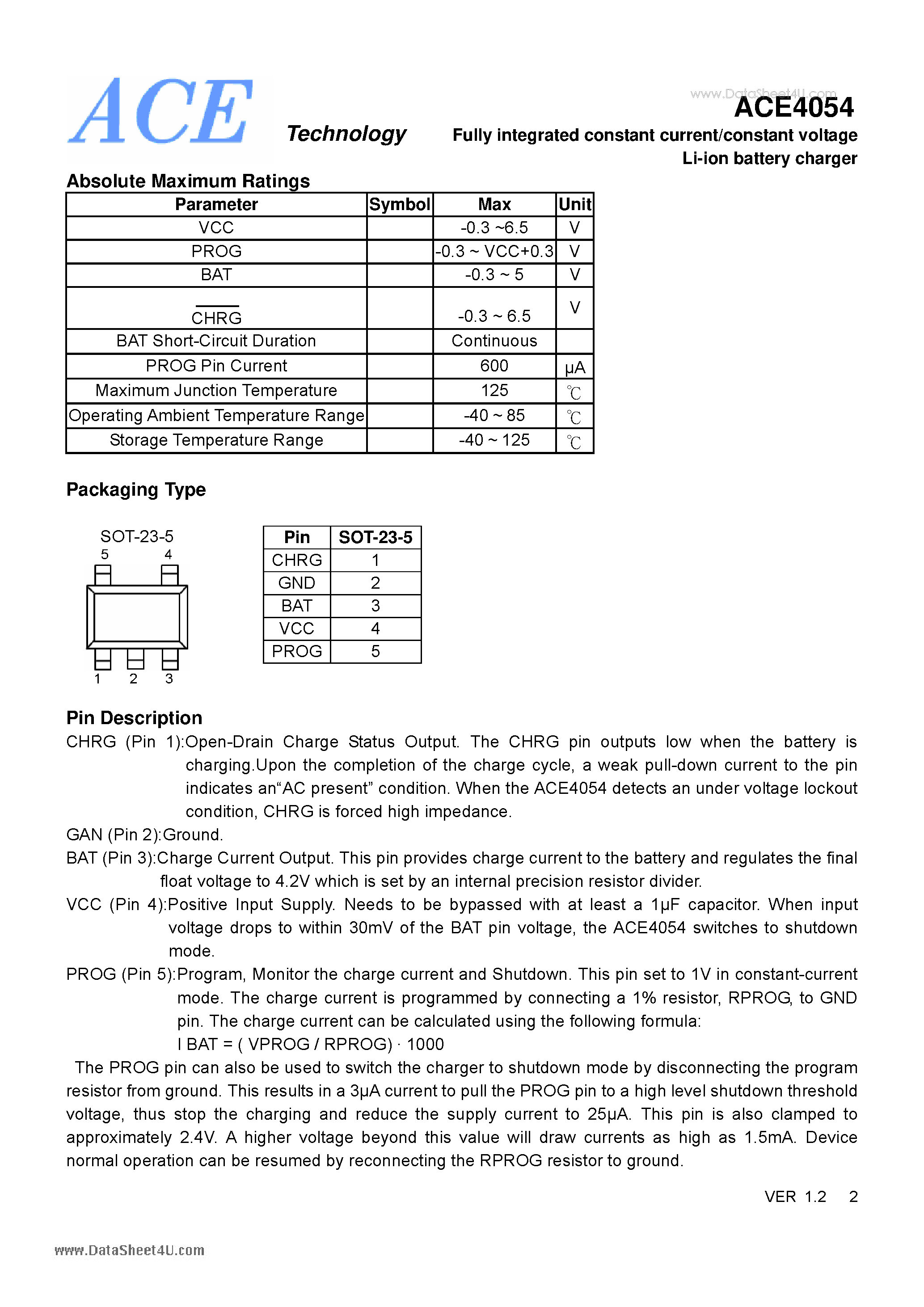 Даташит ACE4054 - Fully integrated constant current/constant voltage Li-ion battery charger страница 2