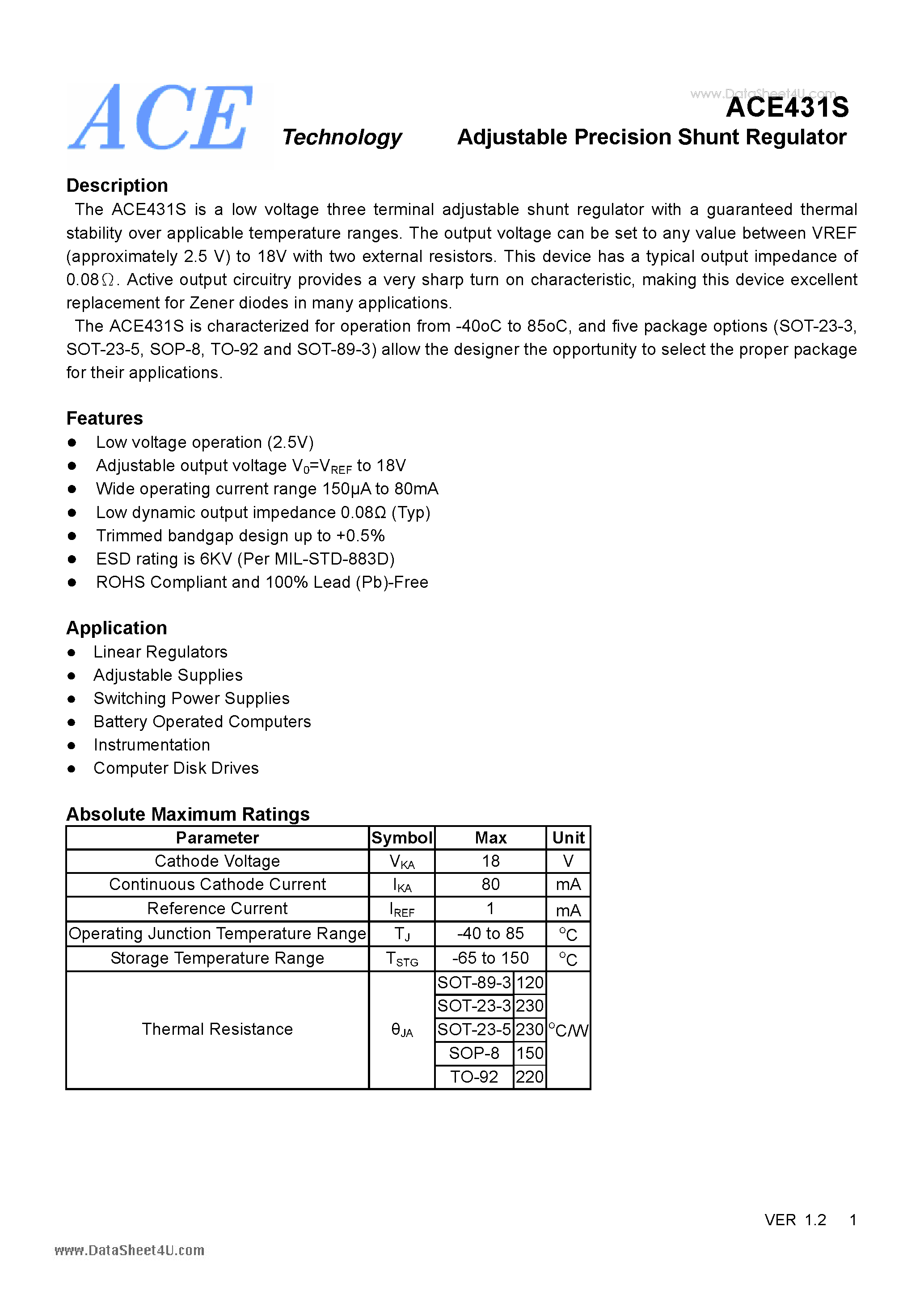 Datasheet ACE431S - Adjustable Precision Shunt Regulator page 1