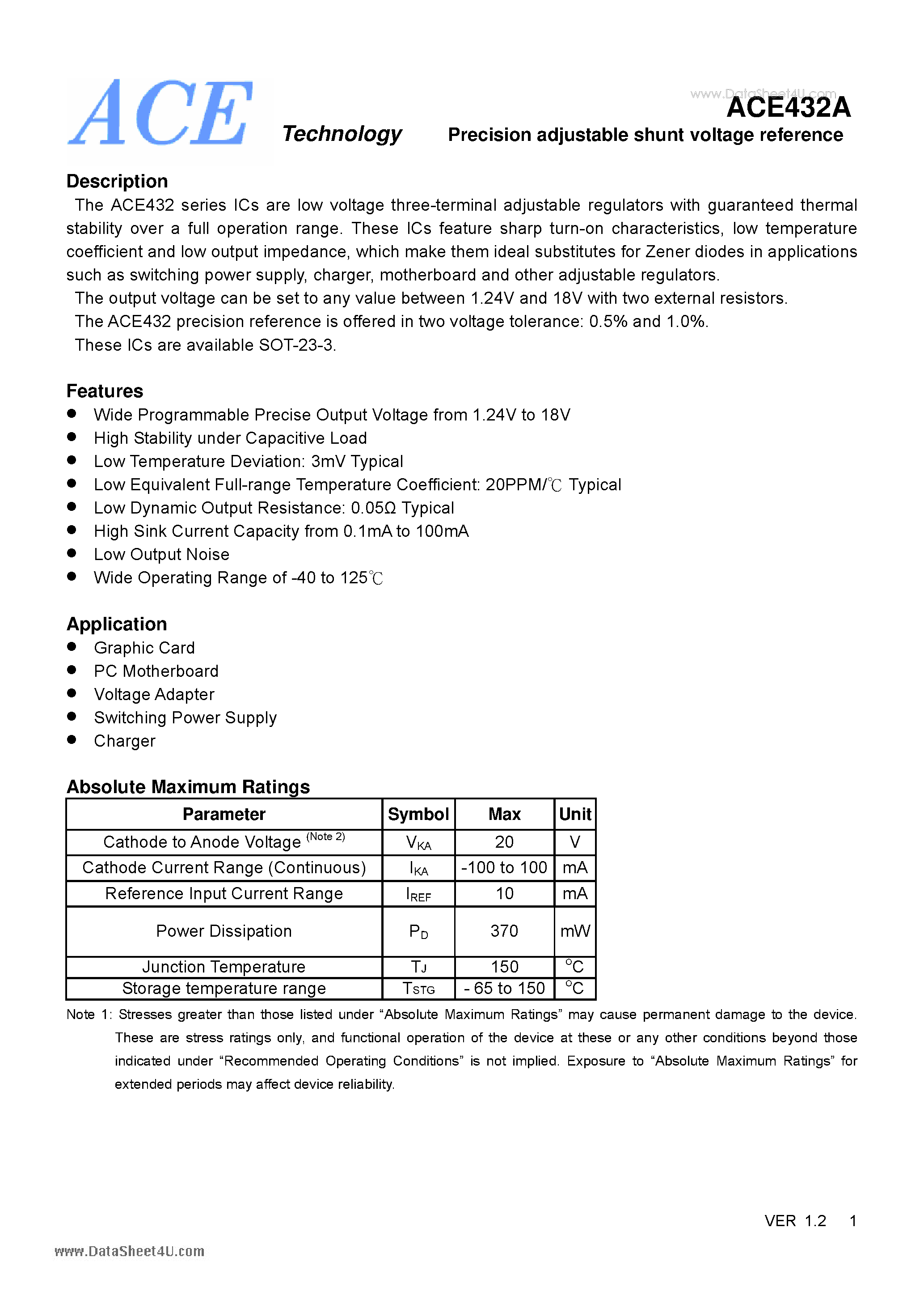 Datasheet ACE432A - Precision adjustable shunt voltage reference page 1