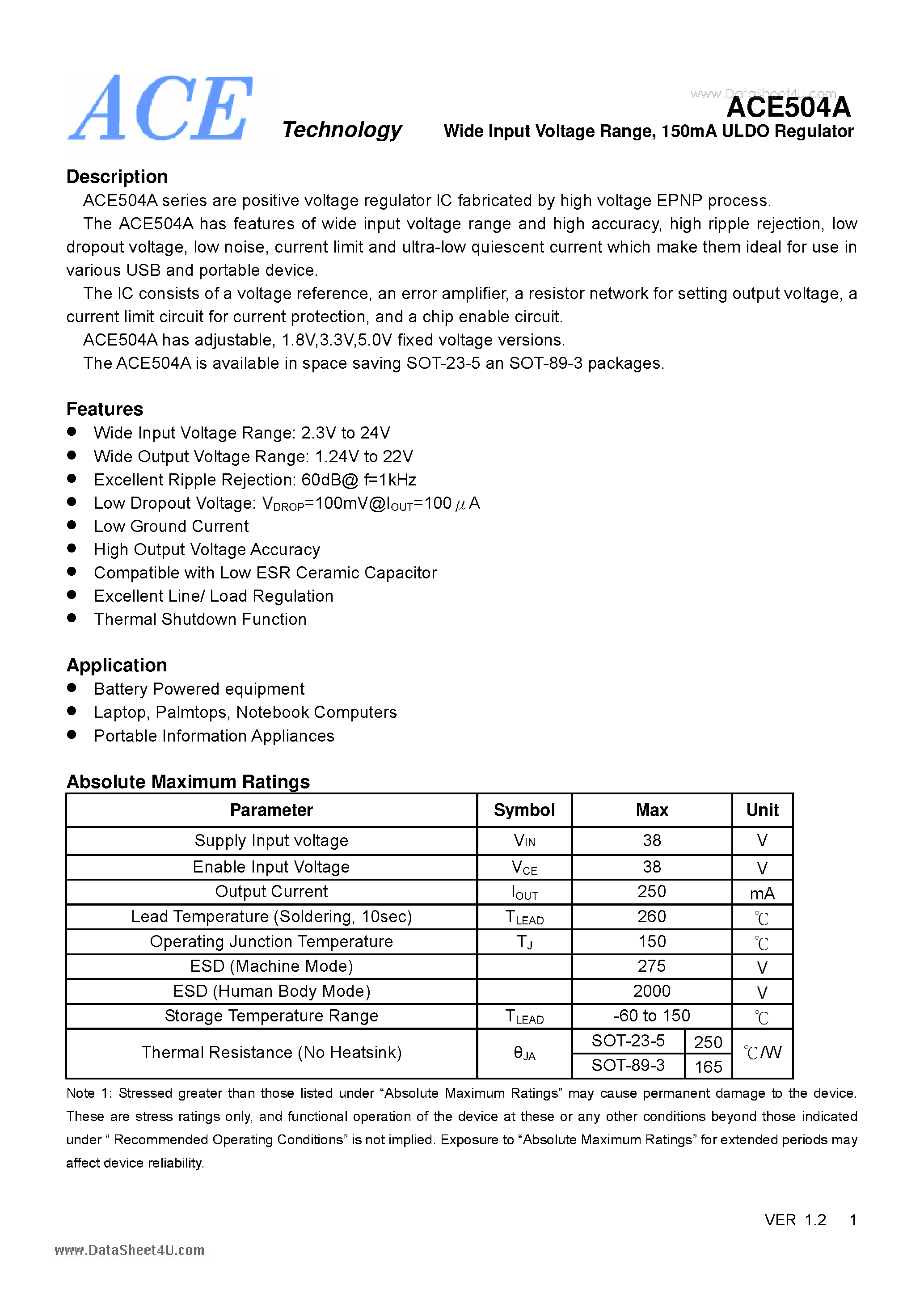 Datasheet ACE504A - Wide Input Voltage Range 150mA ULDO Regulator page 1