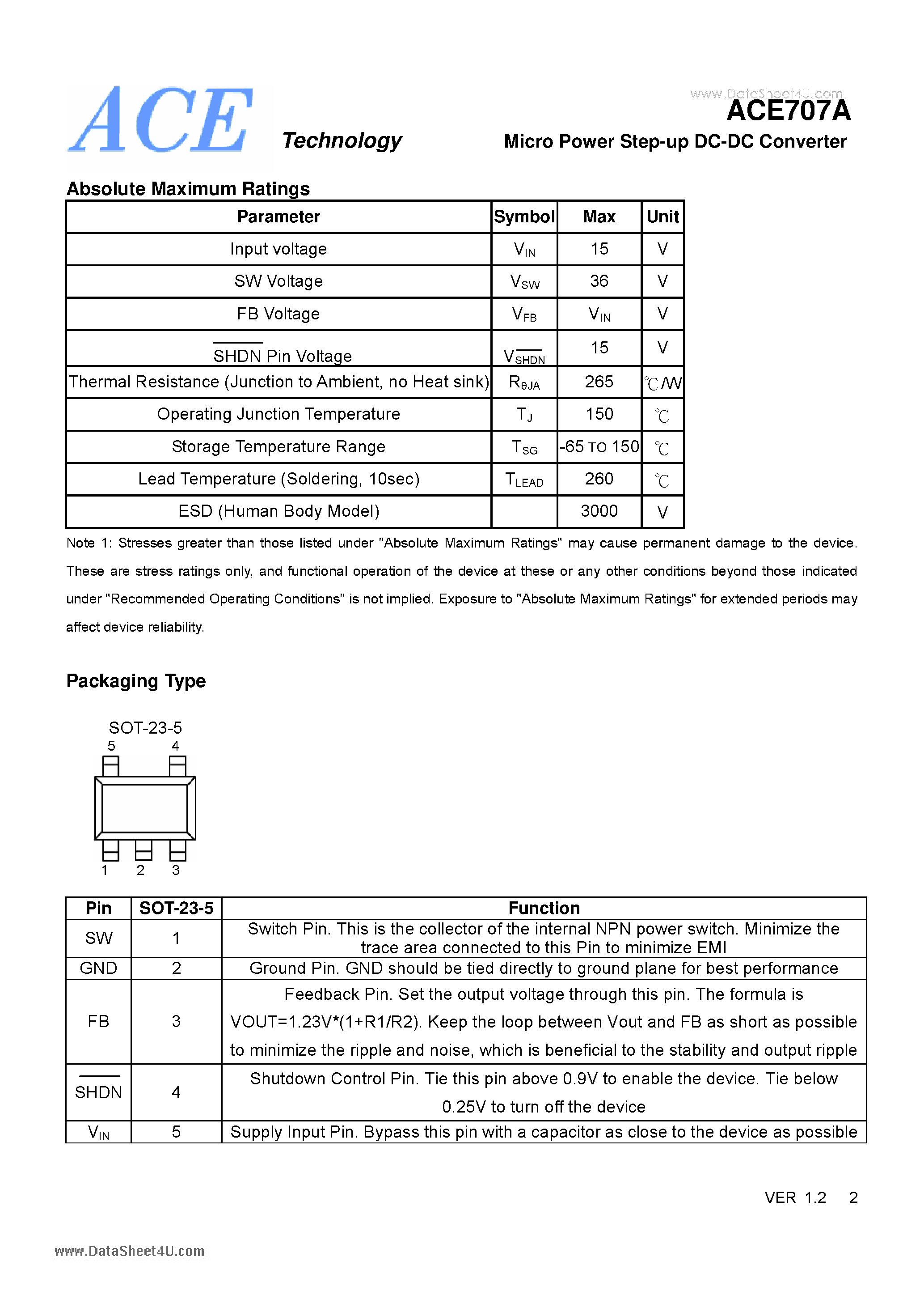 Datasheet ACE707A - Micro Power Step-up DC-DC Converter page 2