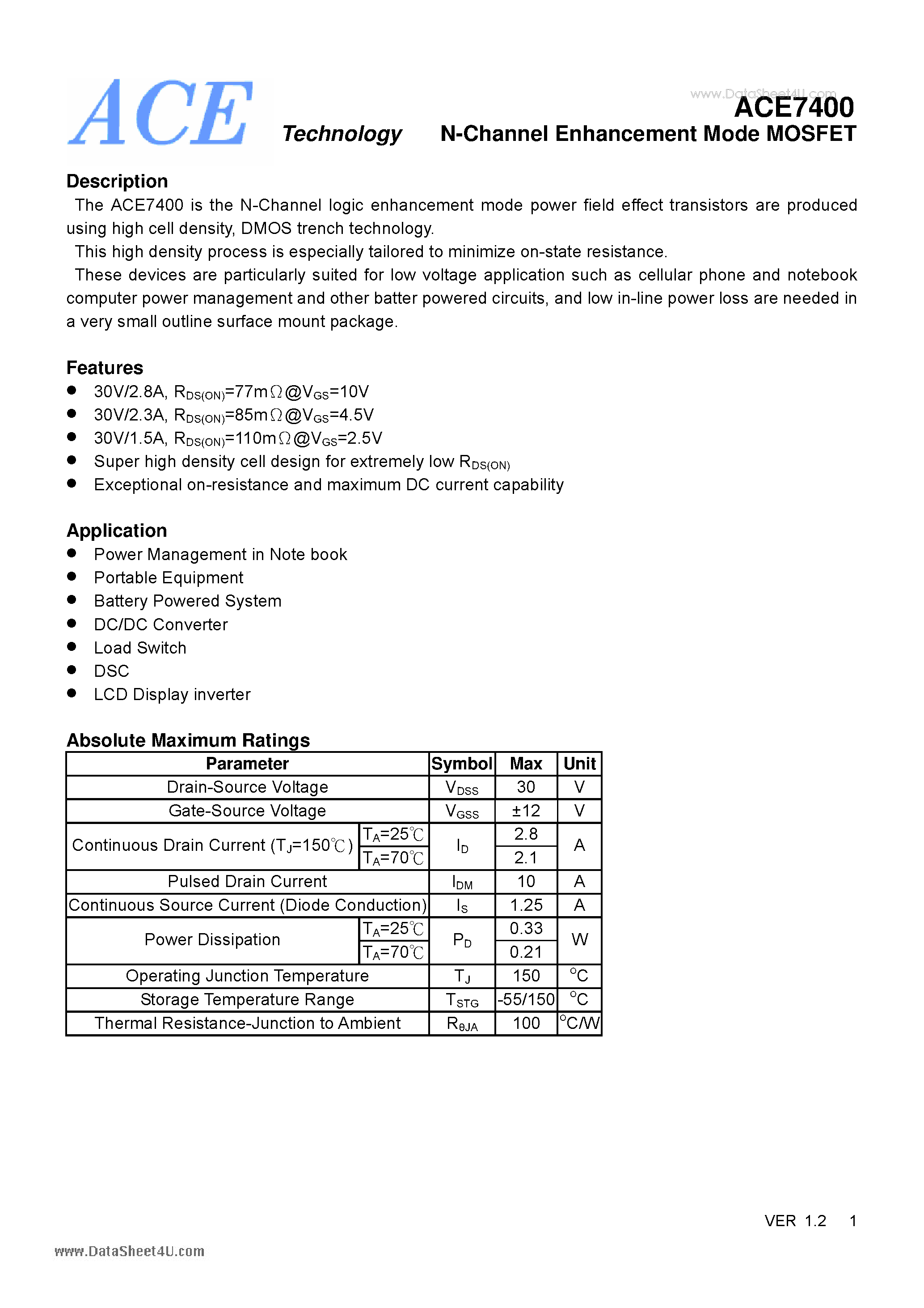 Datasheet ACE7400 - N-Channel Enhancement Mode MOSFET page 1
