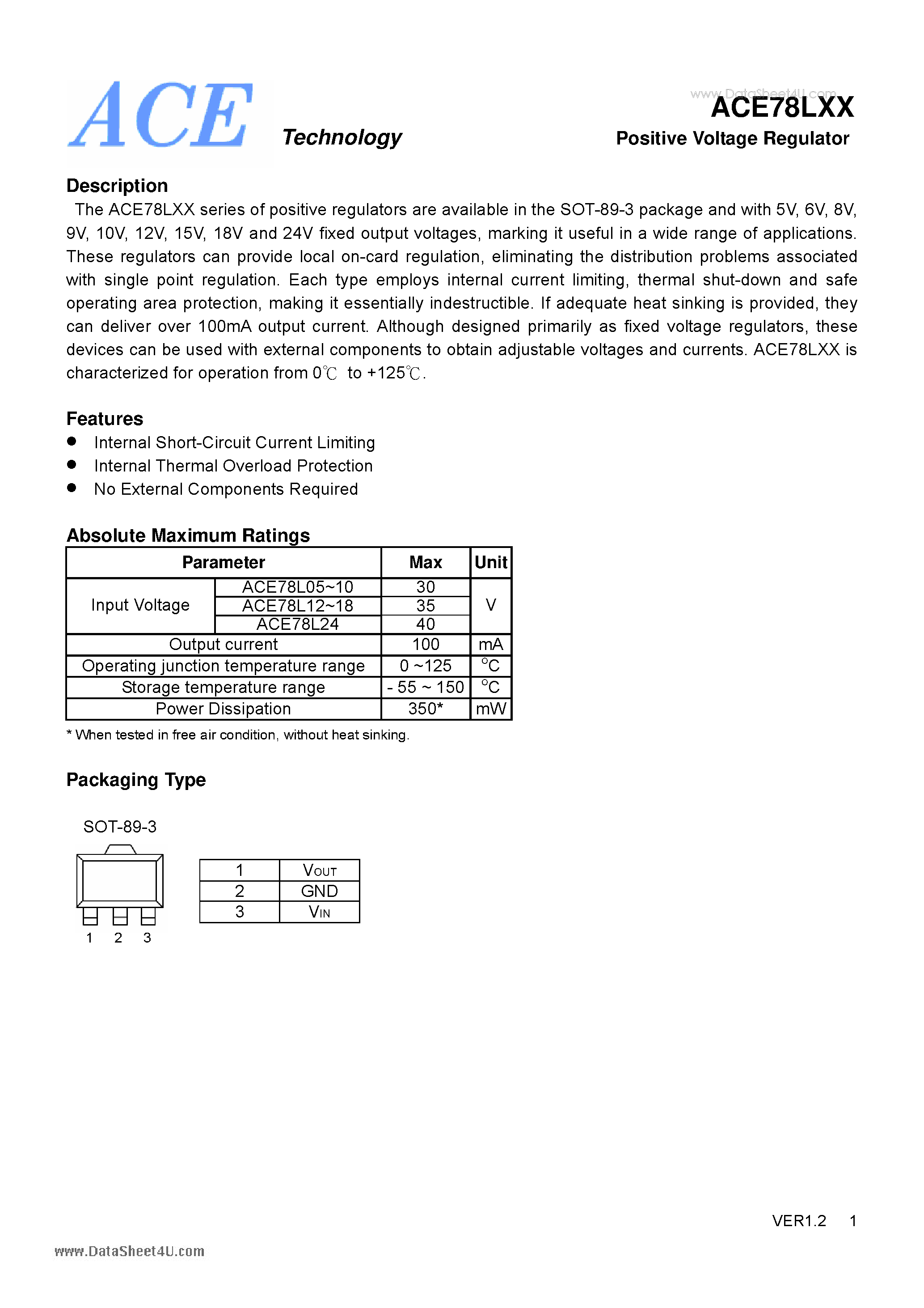 Datasheet ACE78LXX - Positive Voltage Regulator page 1