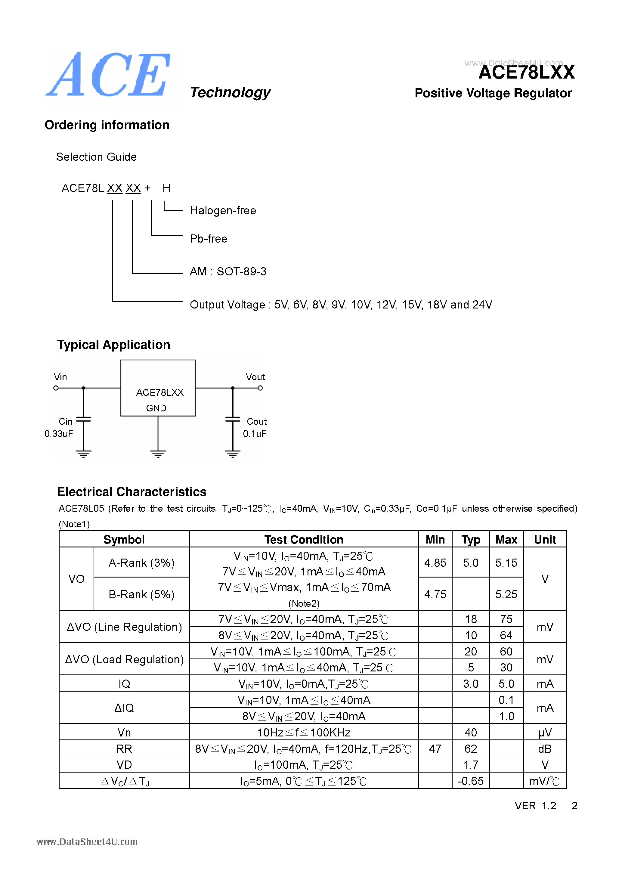 Datasheet ACE78LXX - Positive Voltage Regulator page 2