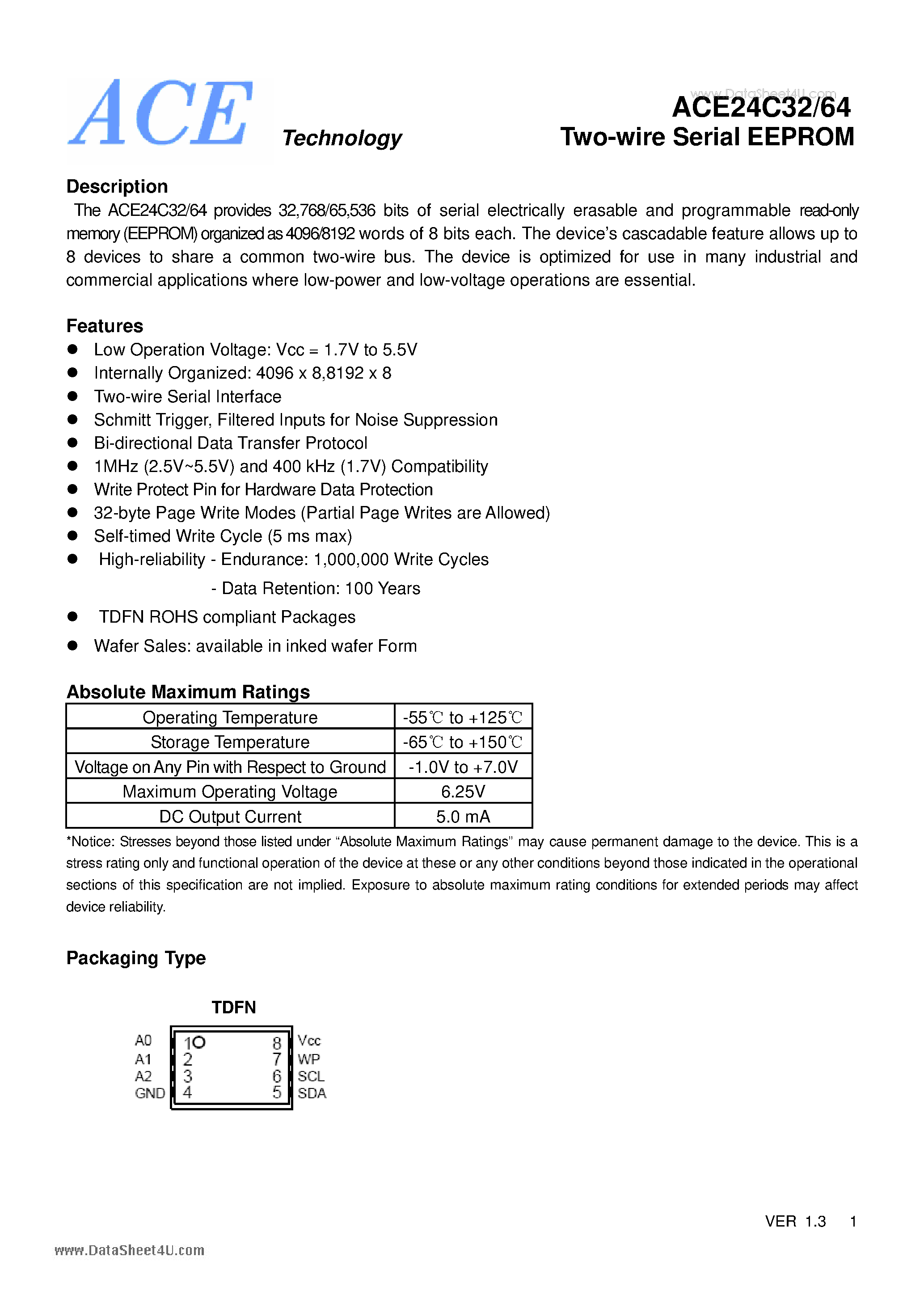 Datasheet ACE24C32 - Two-wire Serial EEPROM page 1