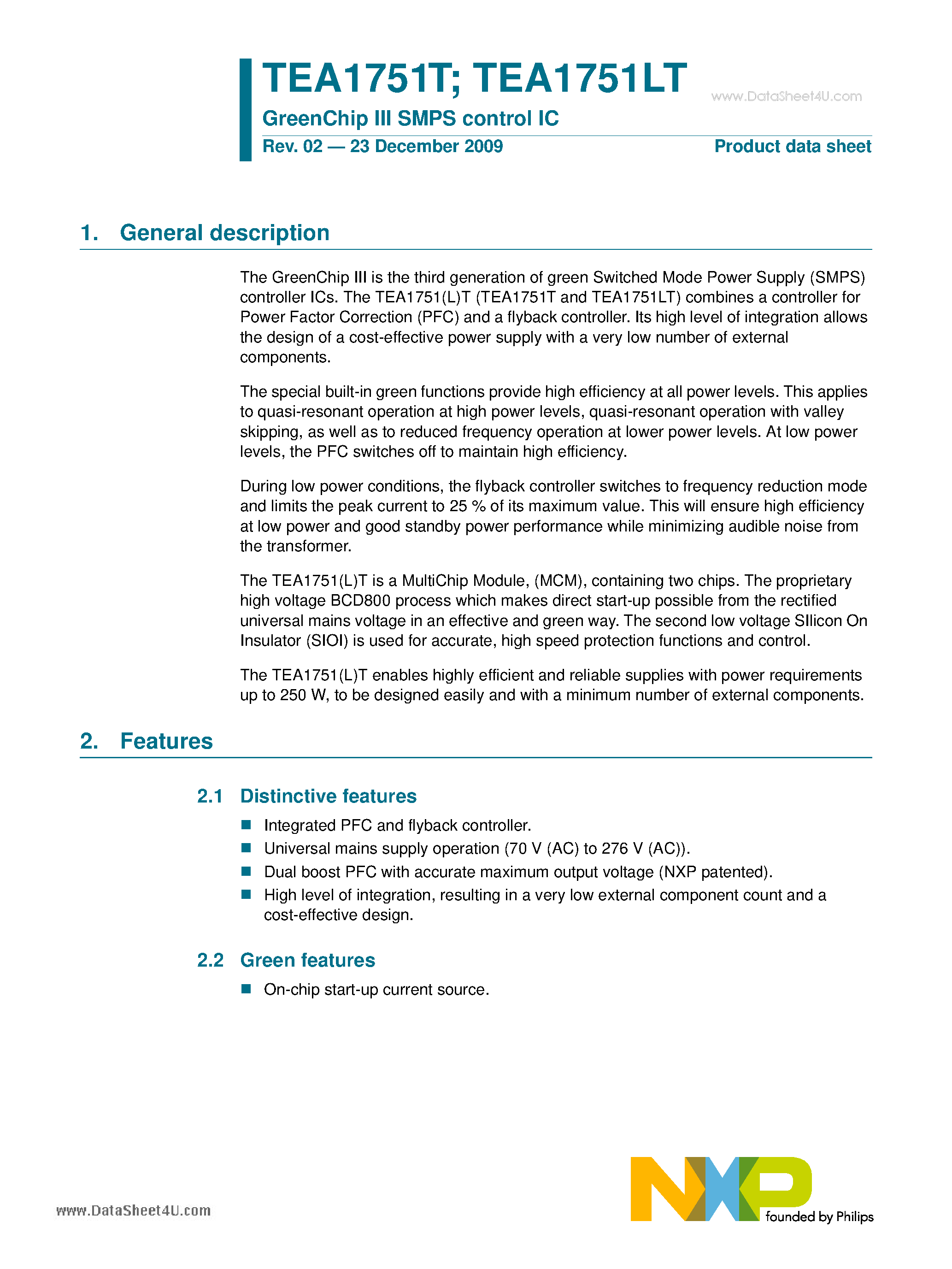 Datasheet TEA1751LT - GreenChip III SMPS control IC page 1