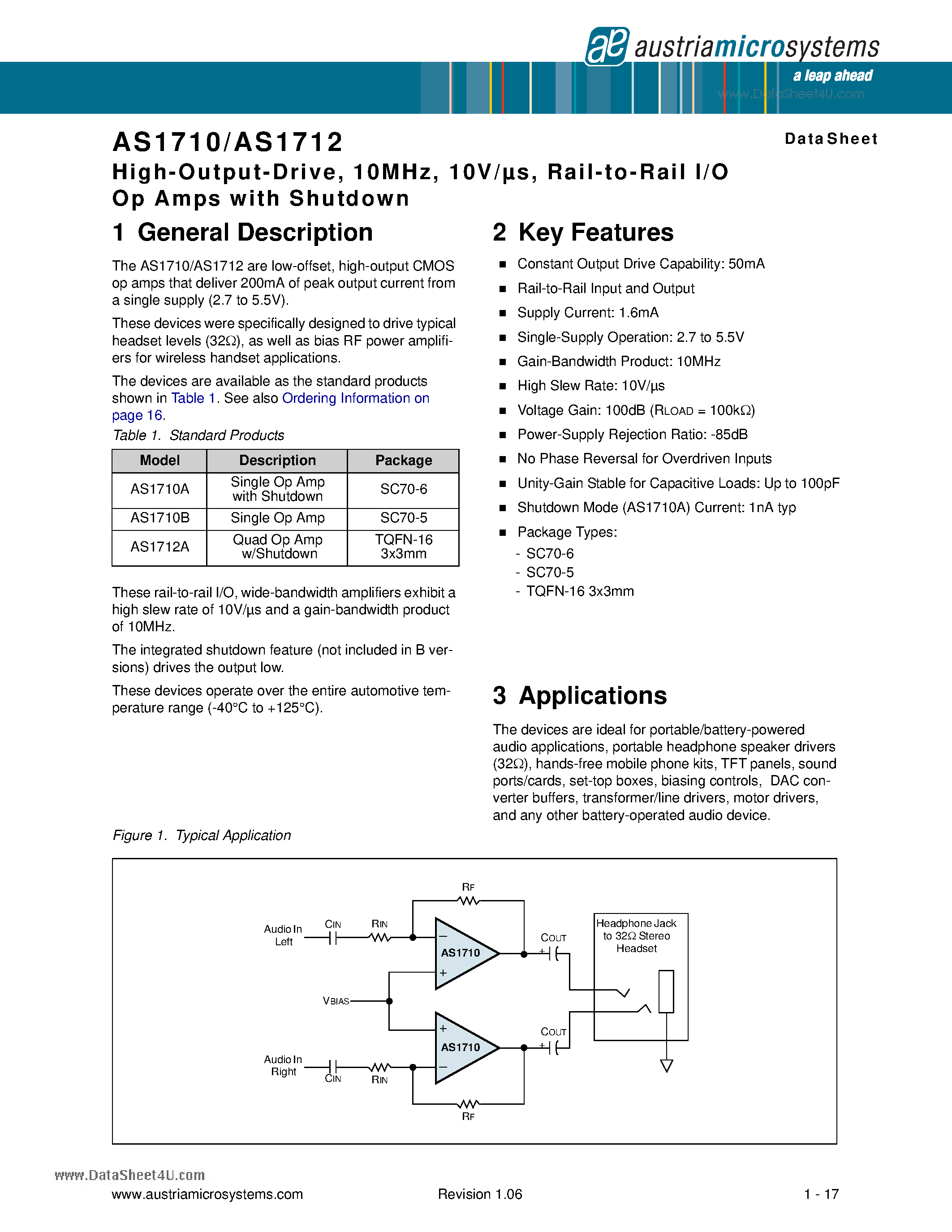 Даташит AS1710 - High-Output-Drive 10MHz 10V/us Rail-to-Rail I/O Op Amps страница 1