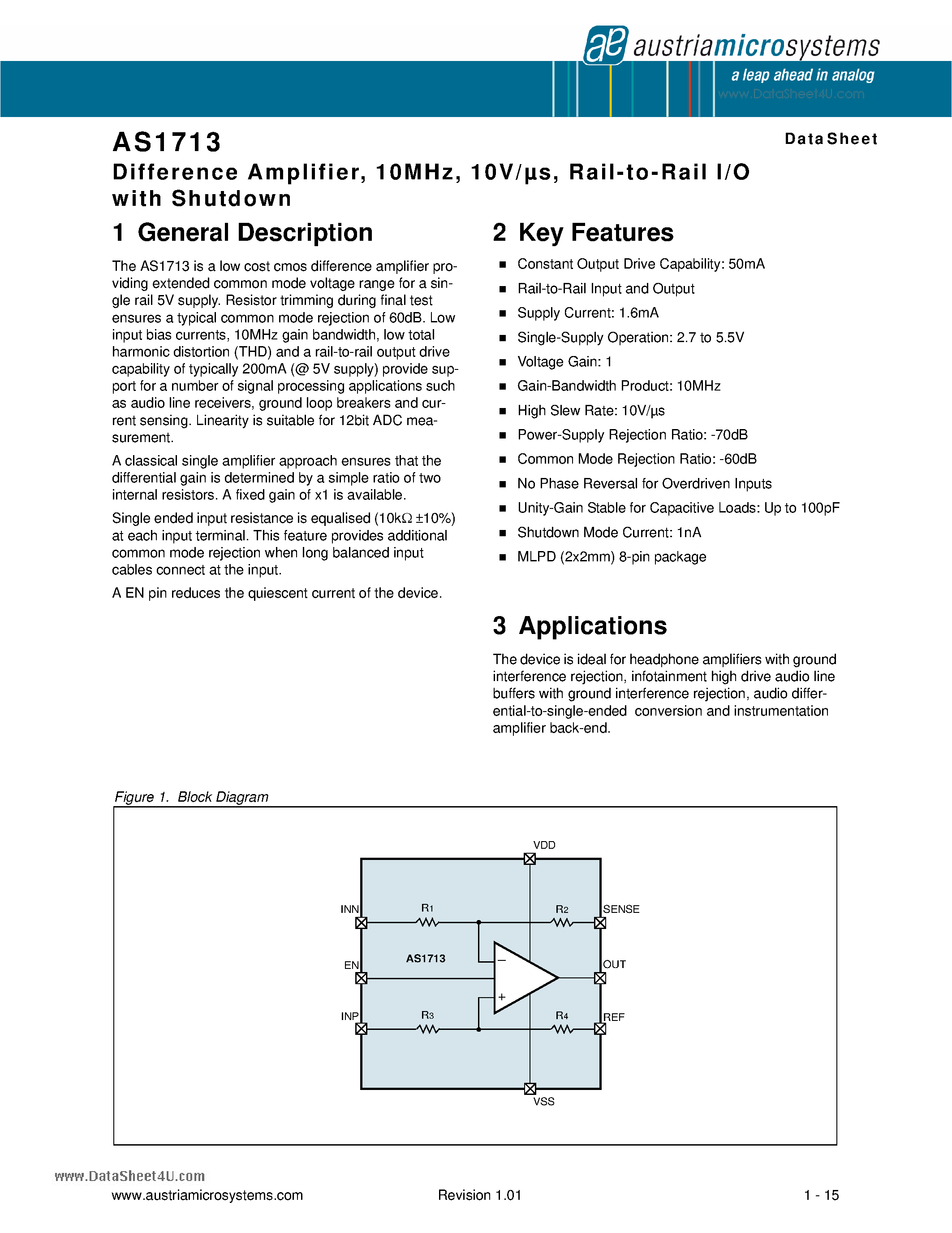 Даташит AS1713 - Rail-to-Rail I/O страница 1