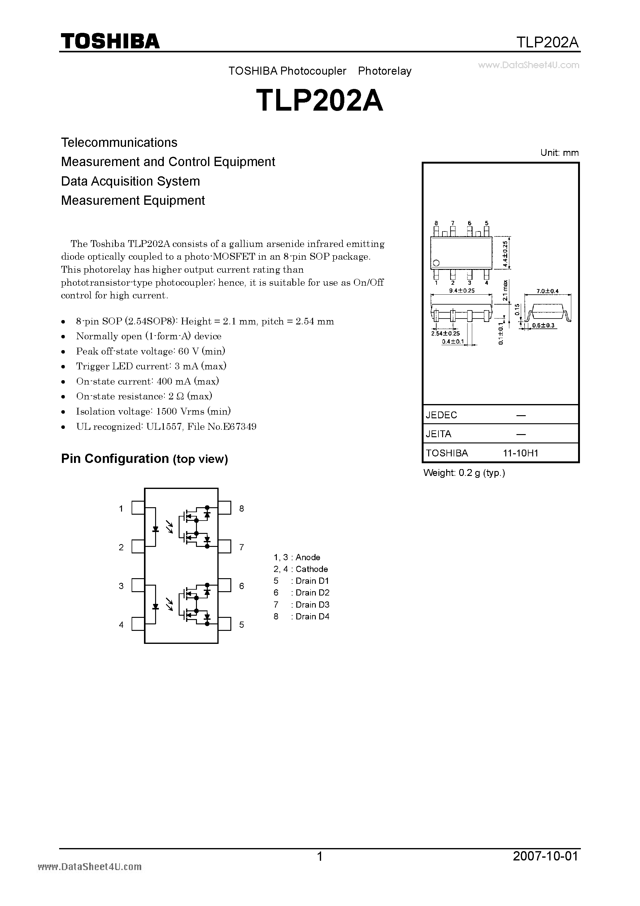 Даташит TLP202A - Measurement and Control Equipment страница 1