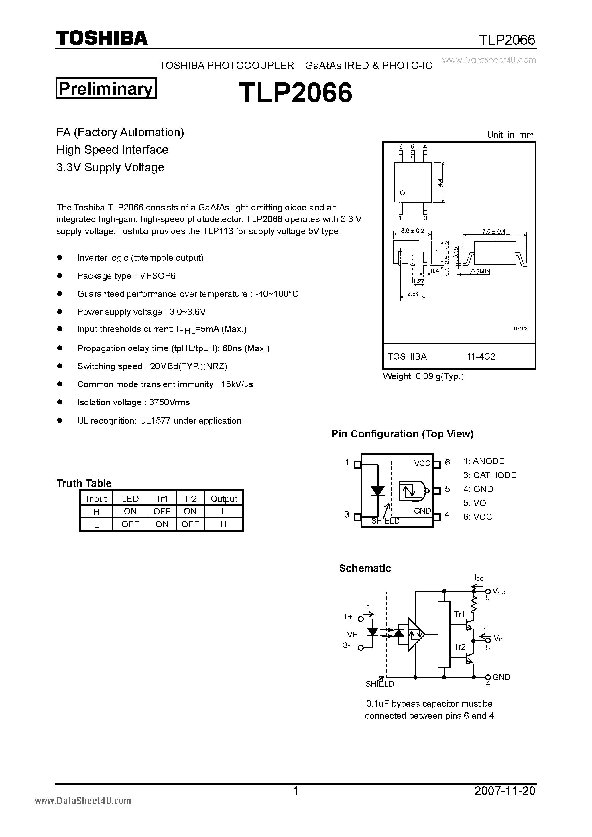 Даташит TLP2066 - High Speed Interface 3.3V Supply Voltage страница 1