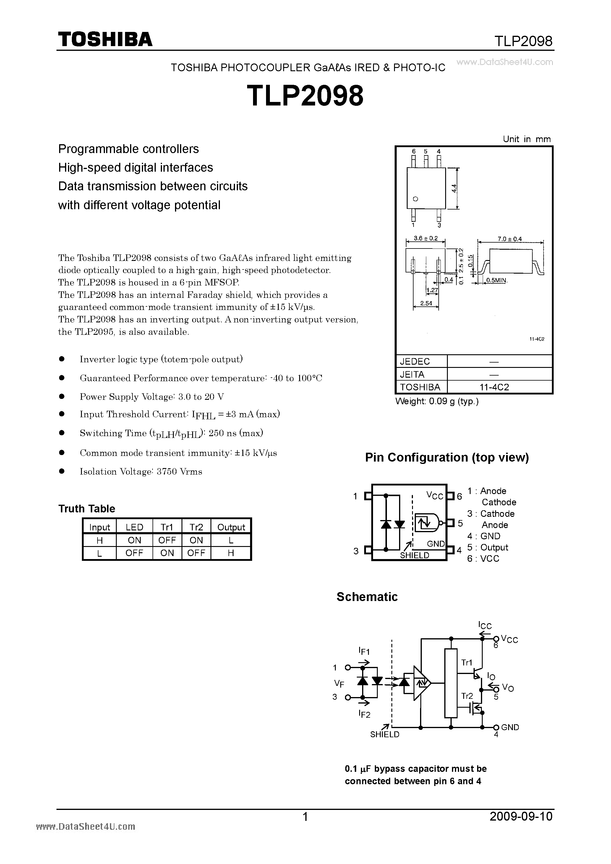 Даташит TLP2098 - PHOTOCOUPLER страница 1