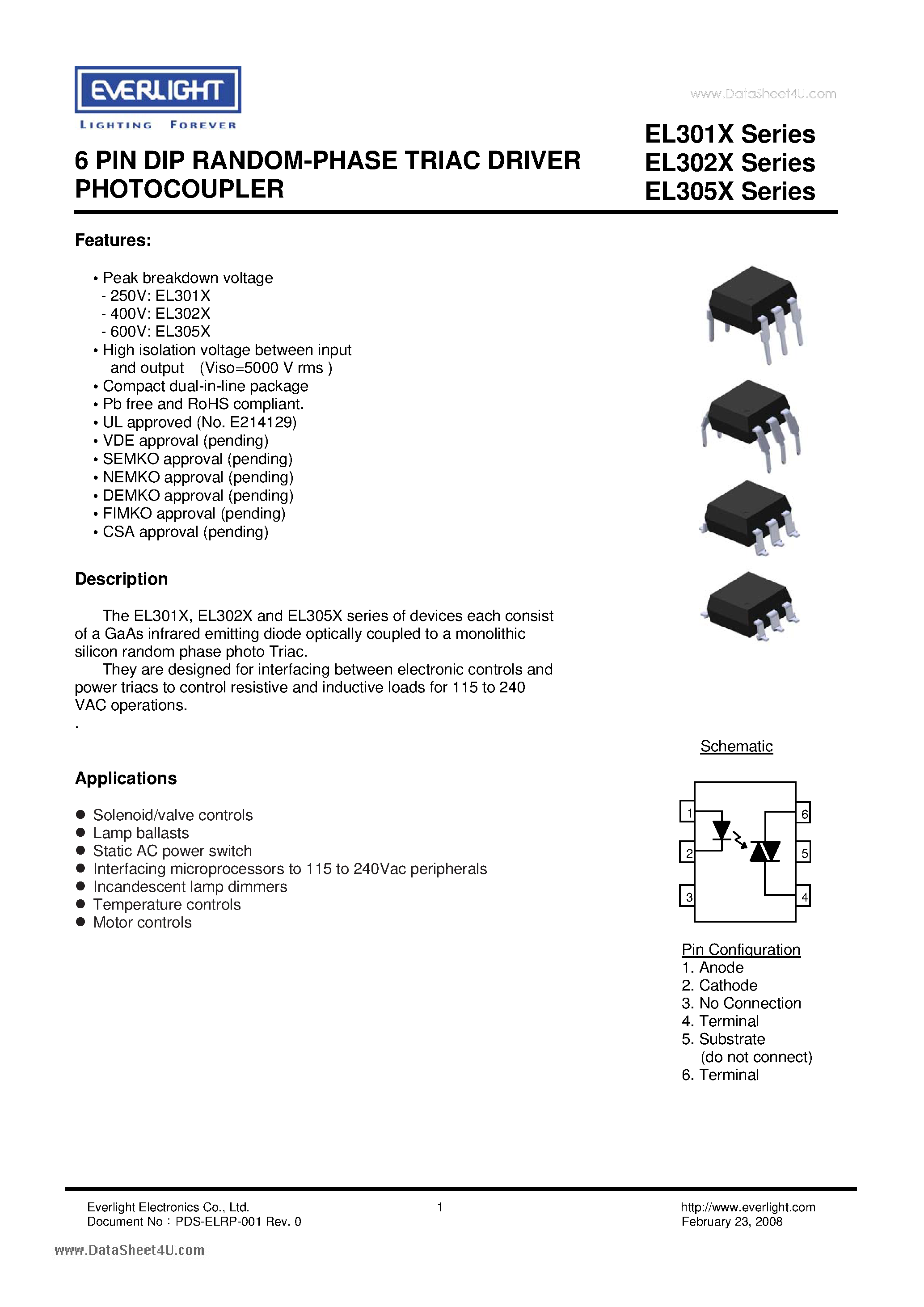 Даташит EL3010 - (EL301x - EL305x) 6 PIN DIP RANDOM-PHASE TRIAC DRIVER PHOTOCOUPLER страница 1