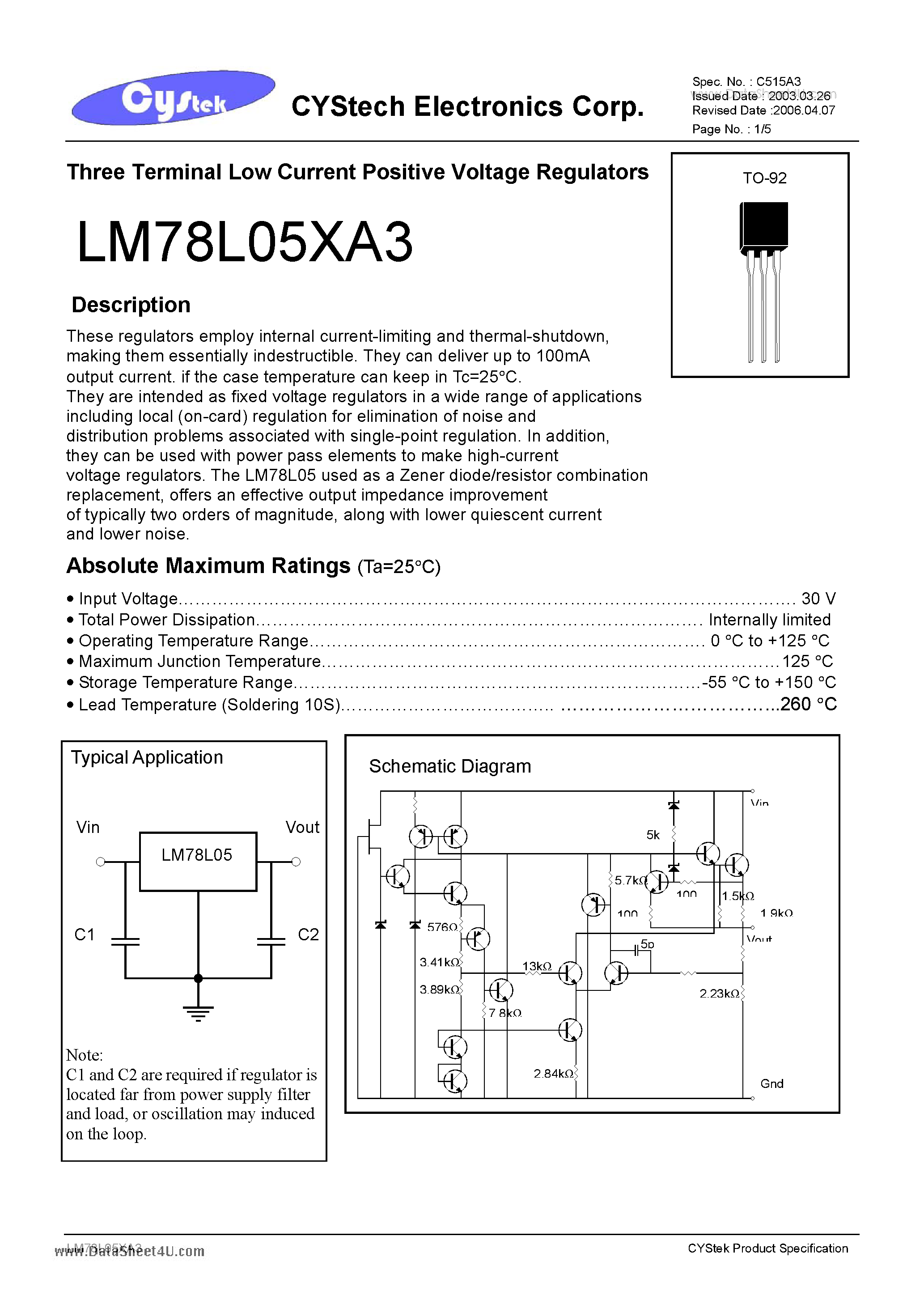 Даташит LM78L05AA3 - Three Terminal Low Current Positive Voltage Regulators страница 1