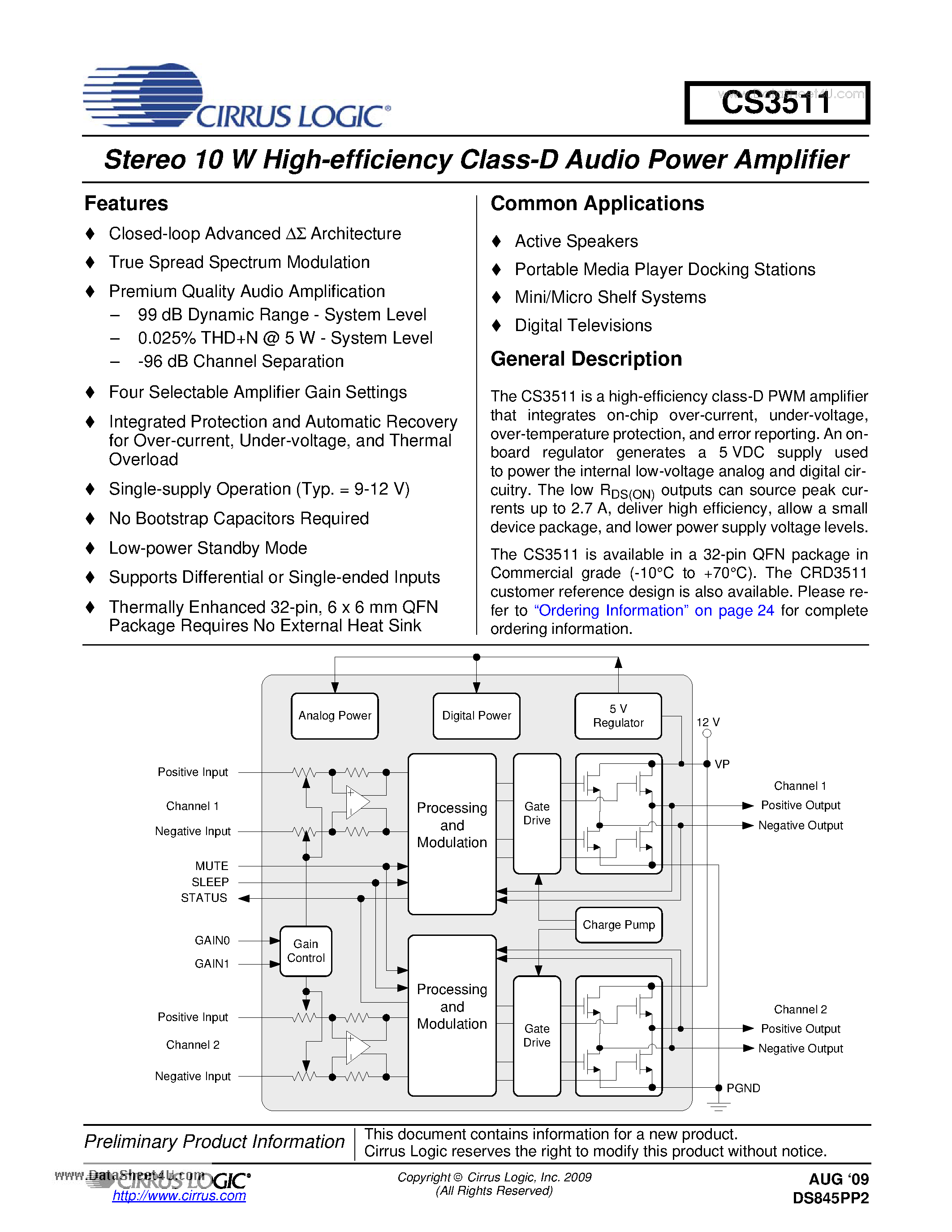 Даташит CS3511 - Stereo 10 W High-efficiency Class-D Audio Power Amplifier страница 1