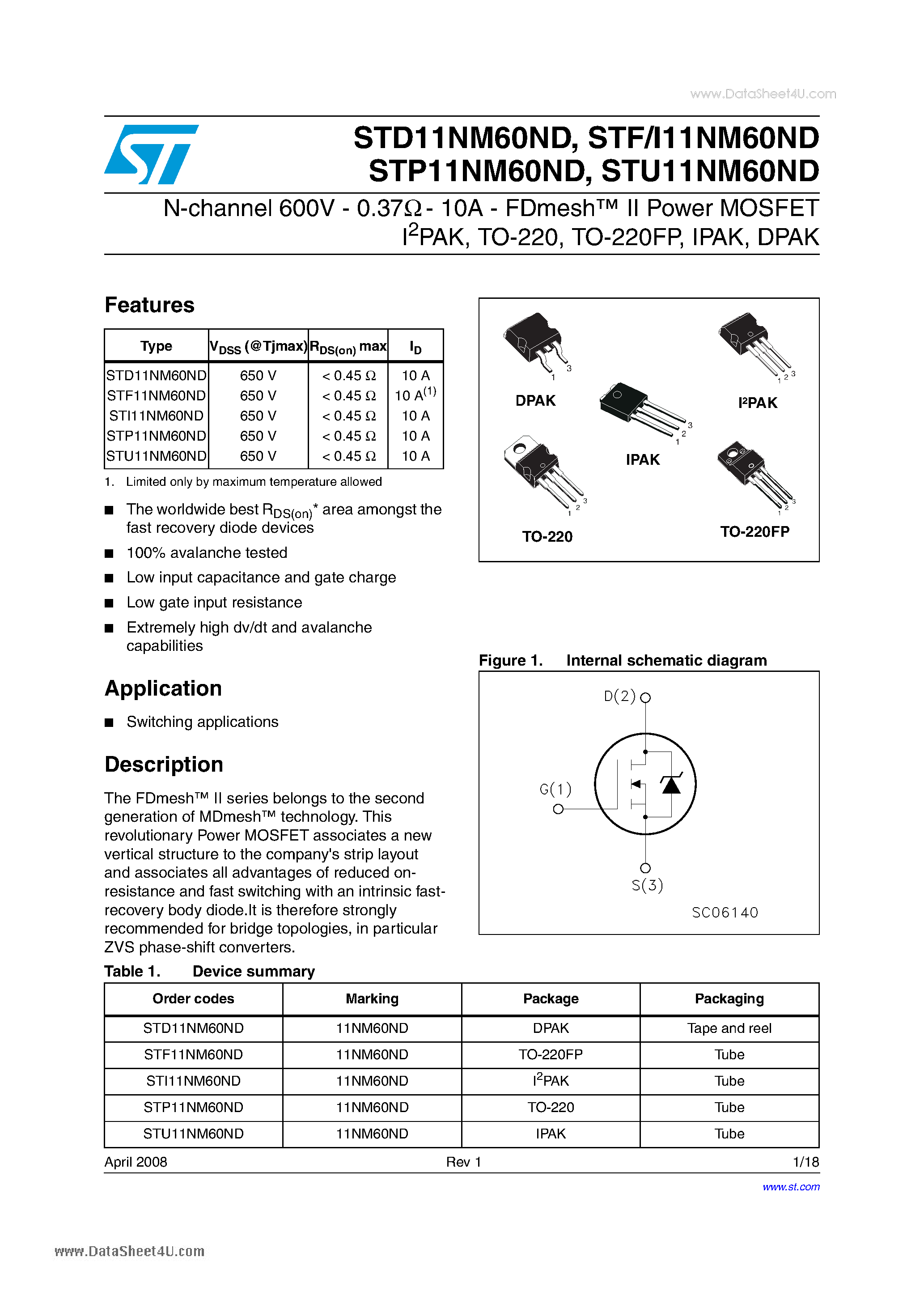 Даташит STU11NM60ND - Power MOSFET страница 1