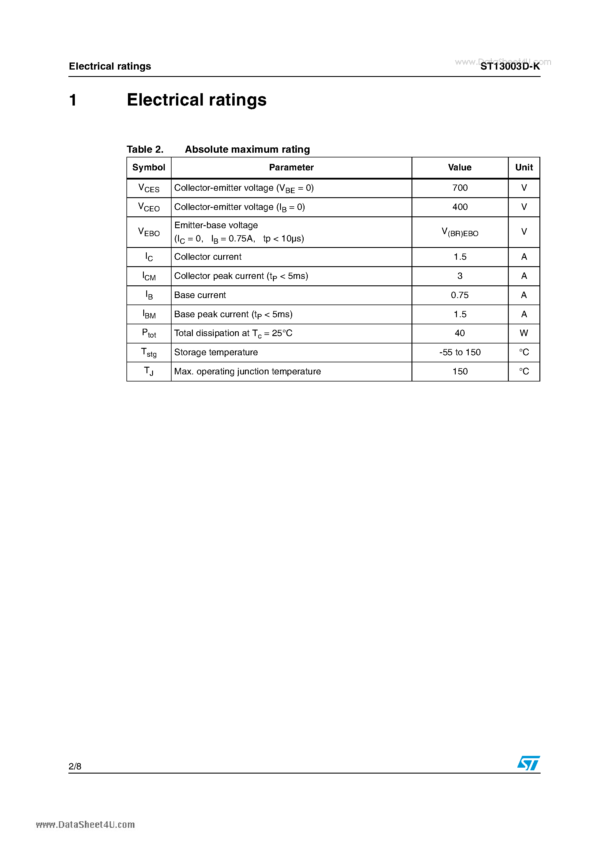 Datasheet ST13003D-K - High voltage fast-switching NPN power transistor page 2