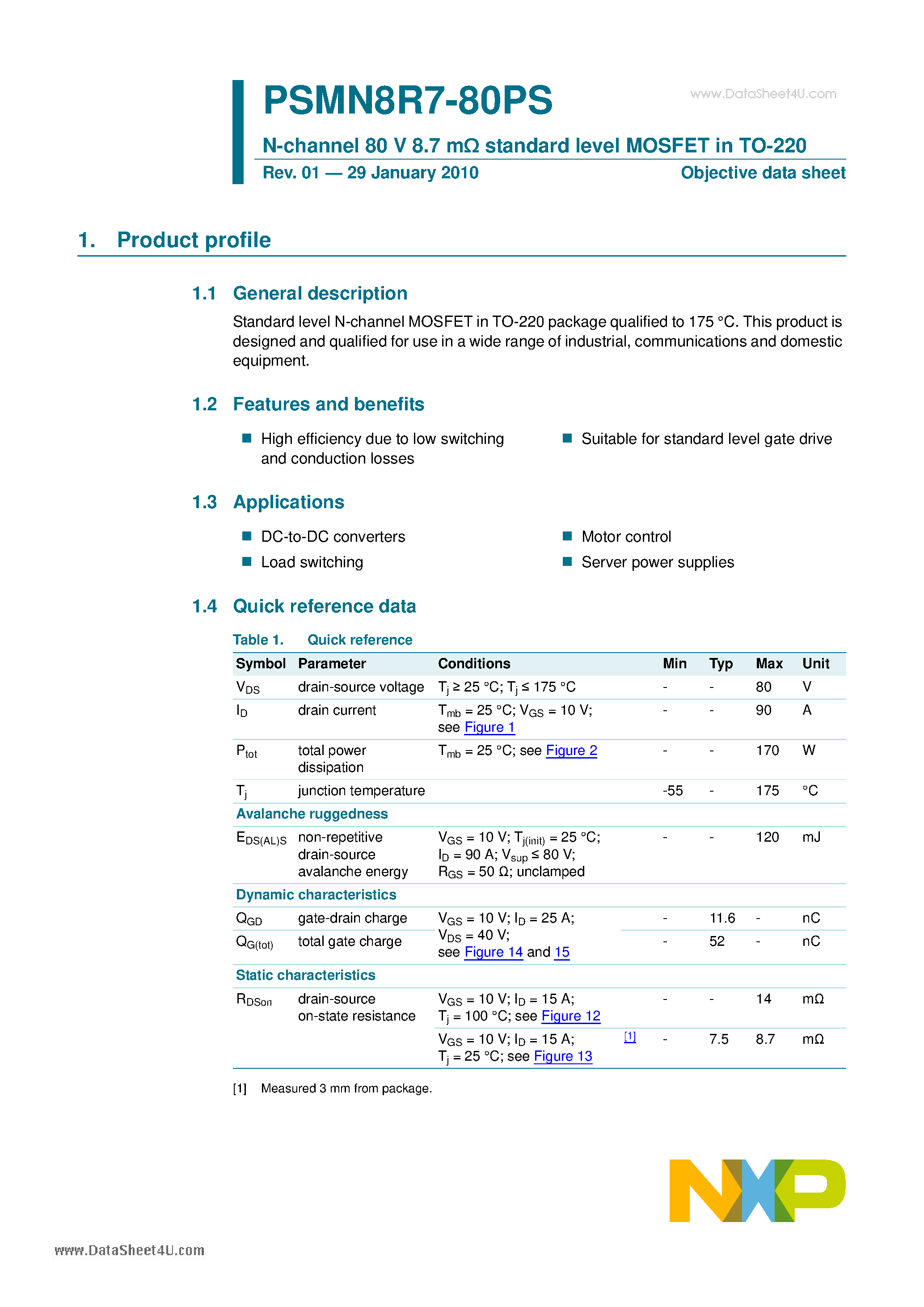 Datasheet PSMN8R7-80PS - N-channel 80 V 8.7 m standard level MOSFET page 1