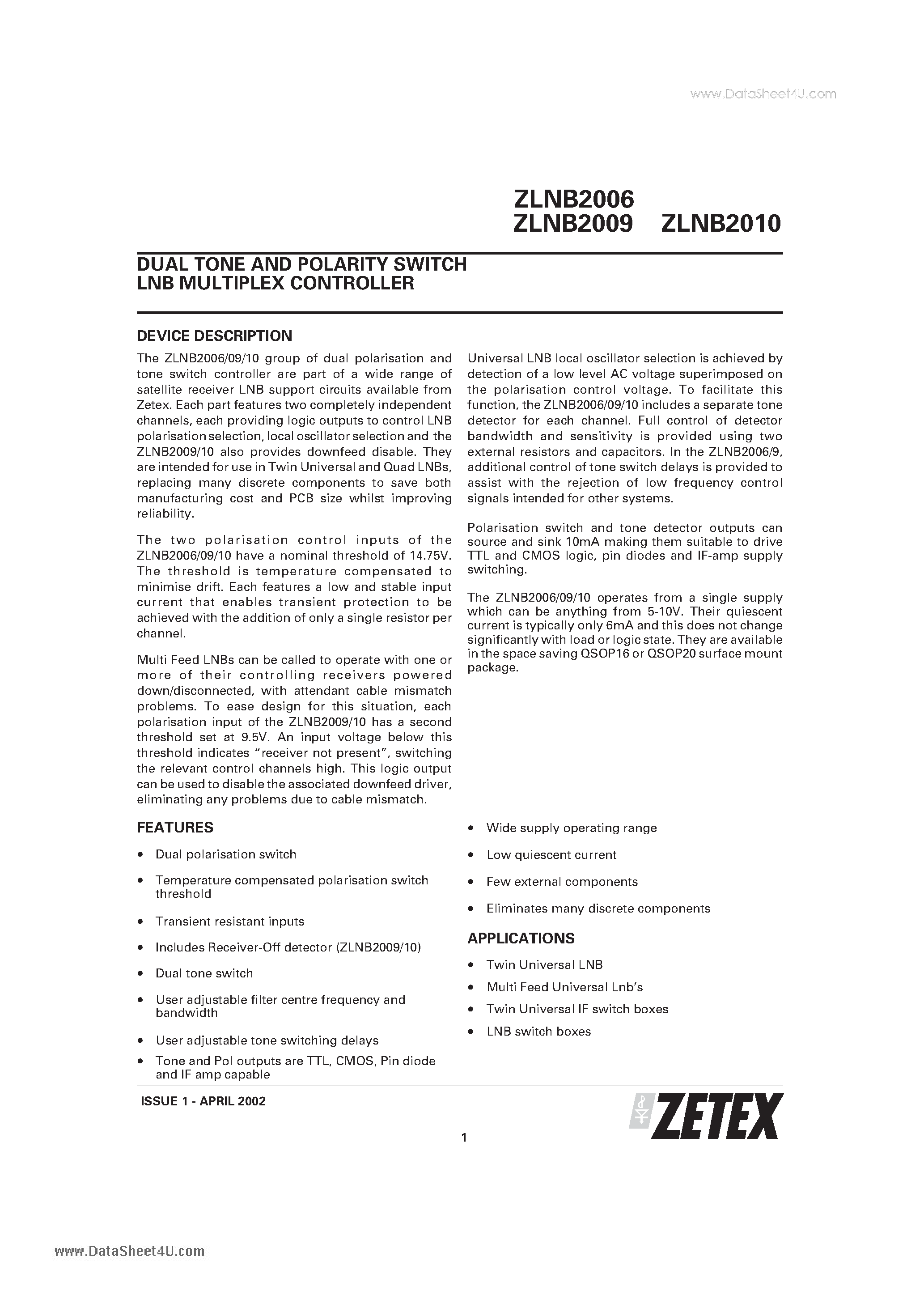 Datasheet ZLNB2006 - DUAL TONE AND POLARITY SWITCH LNB MULTIPLEX CONTROLLER page 1