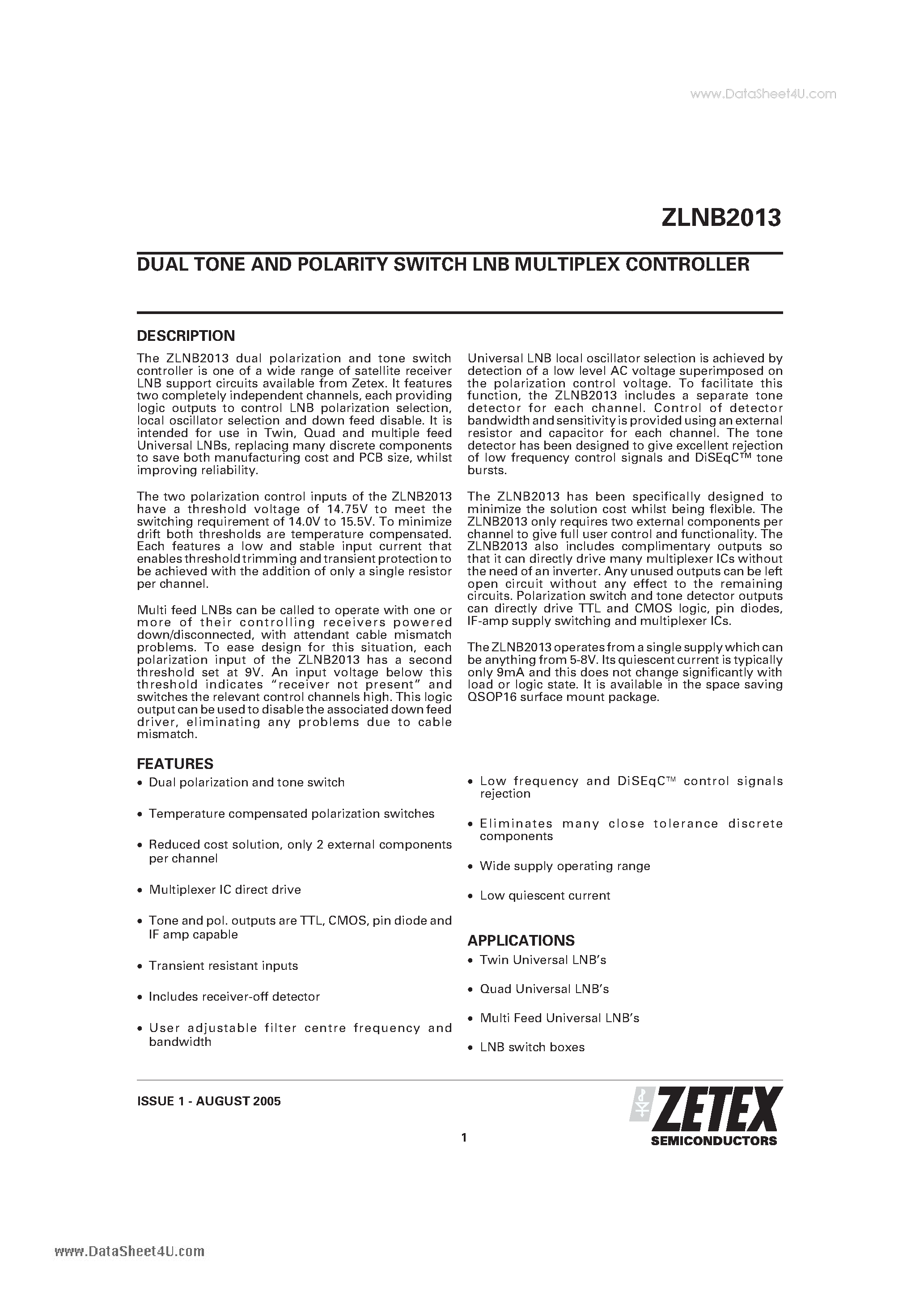 Datasheet ZLNB2013 - DUAL TONE AND POLARITY SWITCH LNB MULTIPLEX CONTROLLER page 1