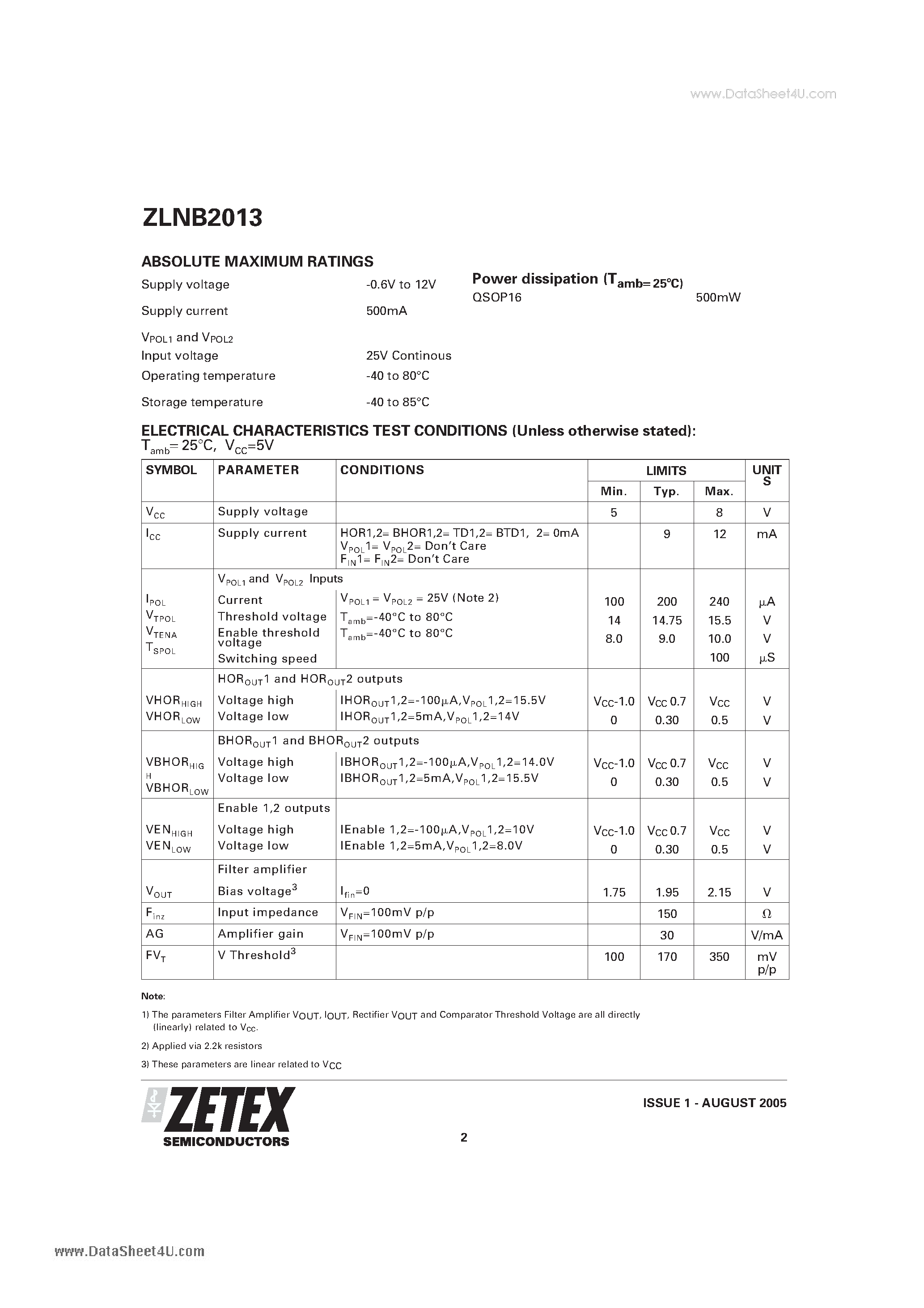 Datasheet ZLNB2013 - DUAL TONE AND POLARITY SWITCH LNB MULTIPLEX CONTROLLER page 2