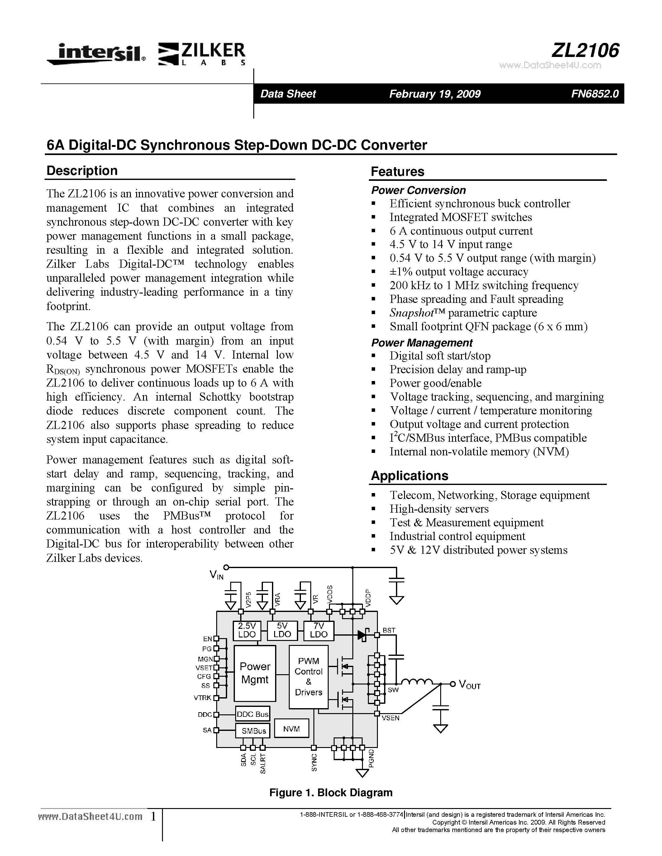 Datasheet ZL2106 - 6A Digital-DC Synchronous Step-Down DC-DC Converter page 1