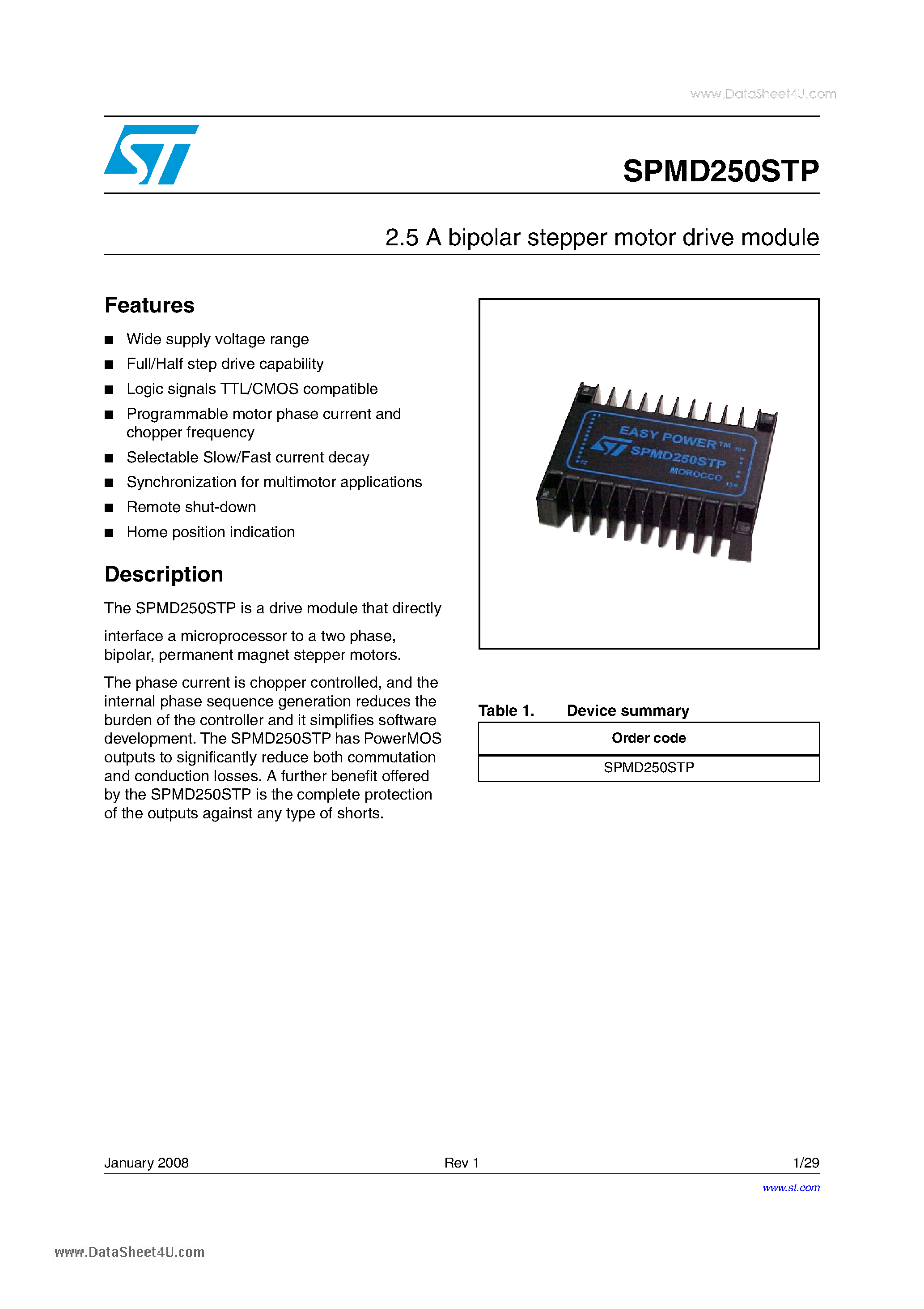 Даташит SPMD250STP - 2.5 A bipolar stepper motor drive module страница 1