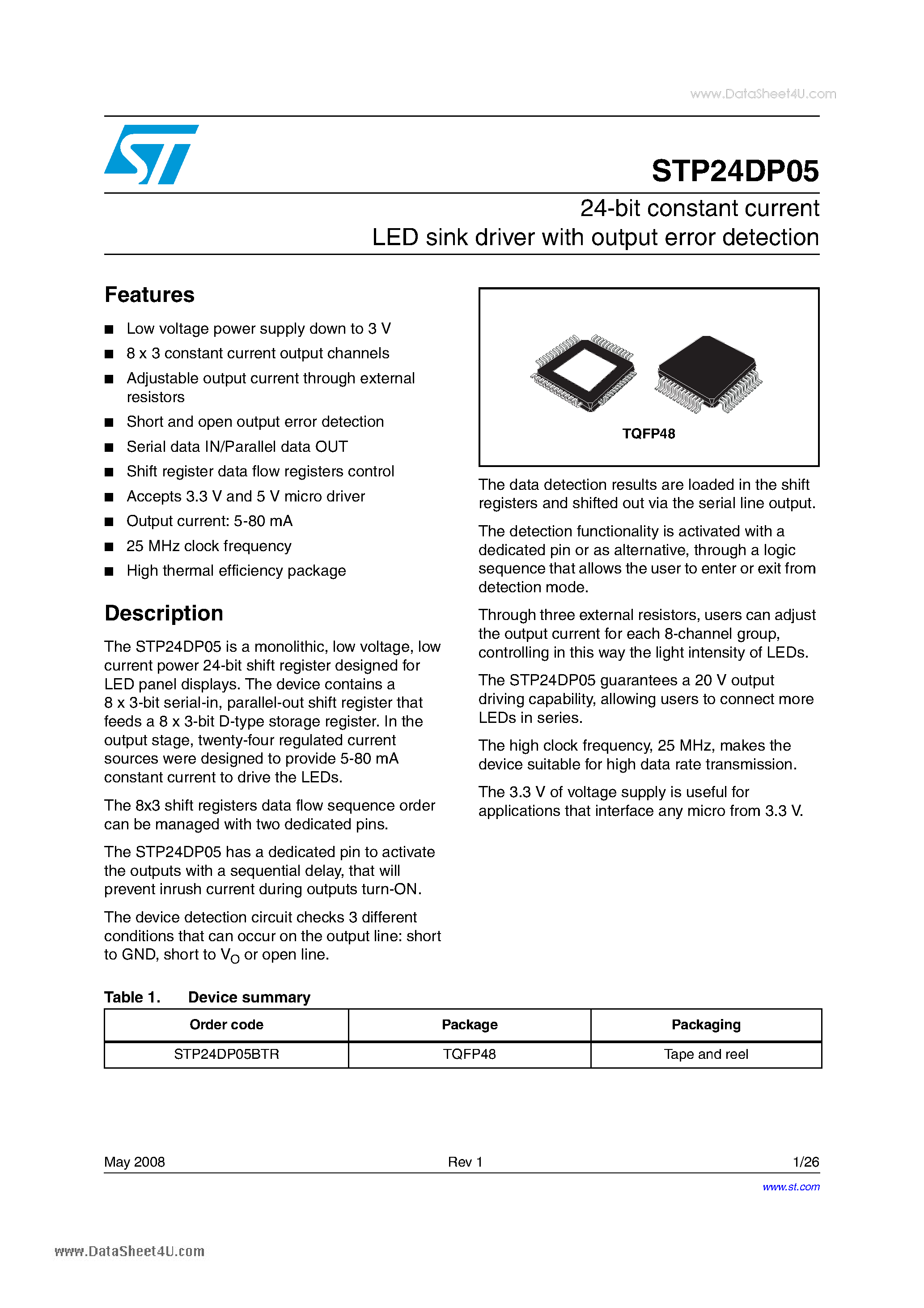 Даташит STP24DP05 - 24-bit constant current LED sink driver страница 1