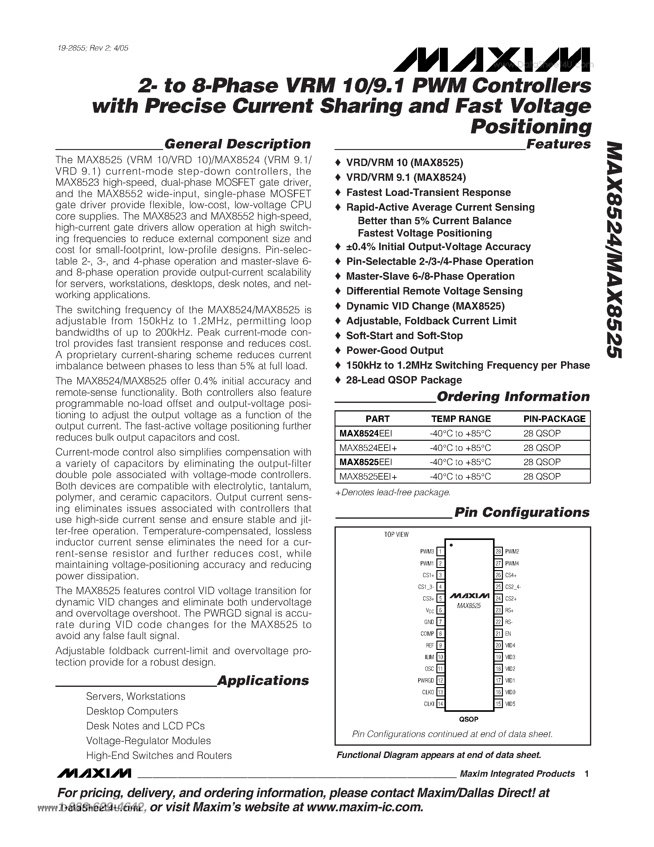 Даташит MAX8524 - 2- to 8-Phase VRM 10/9.1 PWM Controllers страница 1