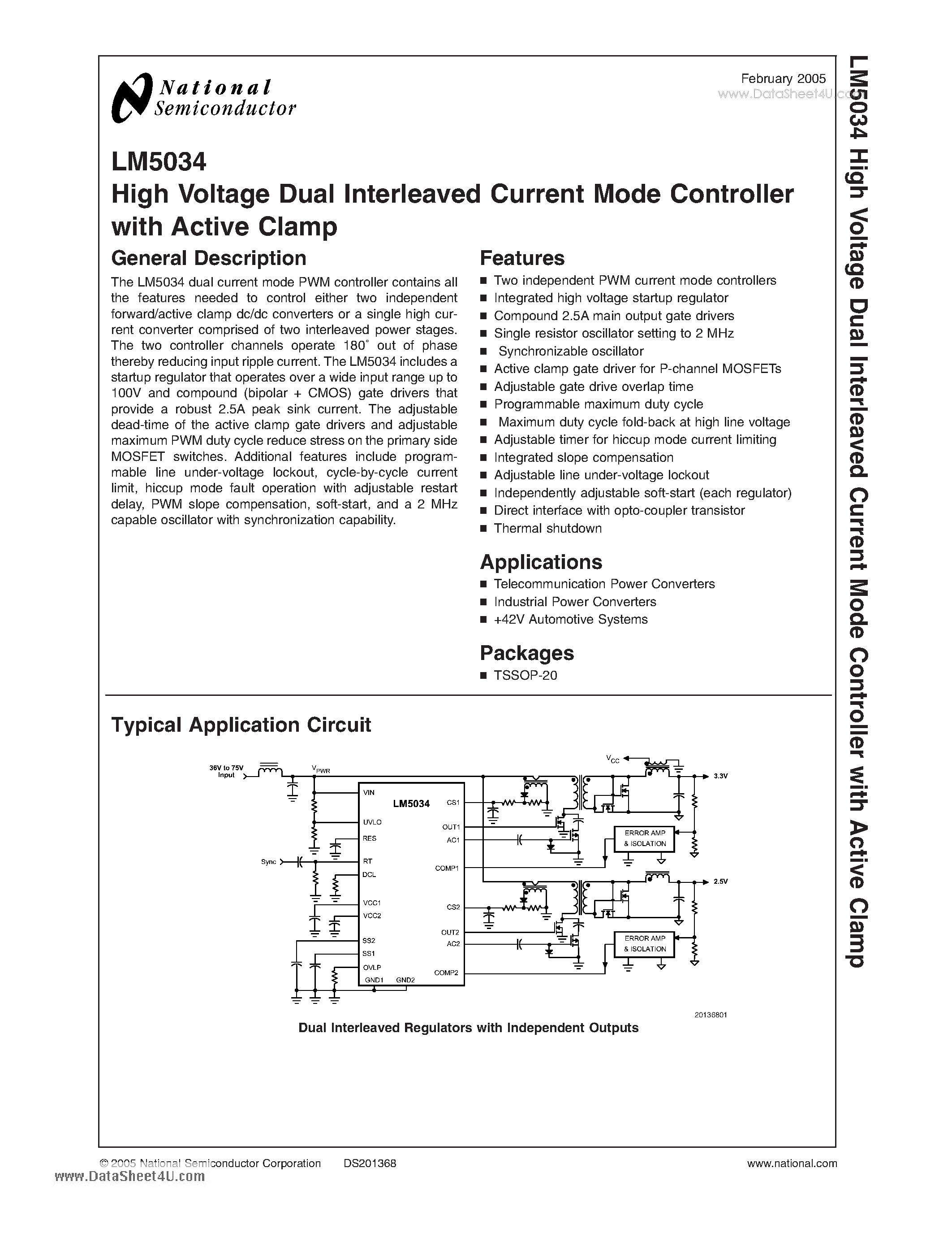 Datasheet LM5034 - High Voltage Dual Interleaved Current Mode Controller page 1