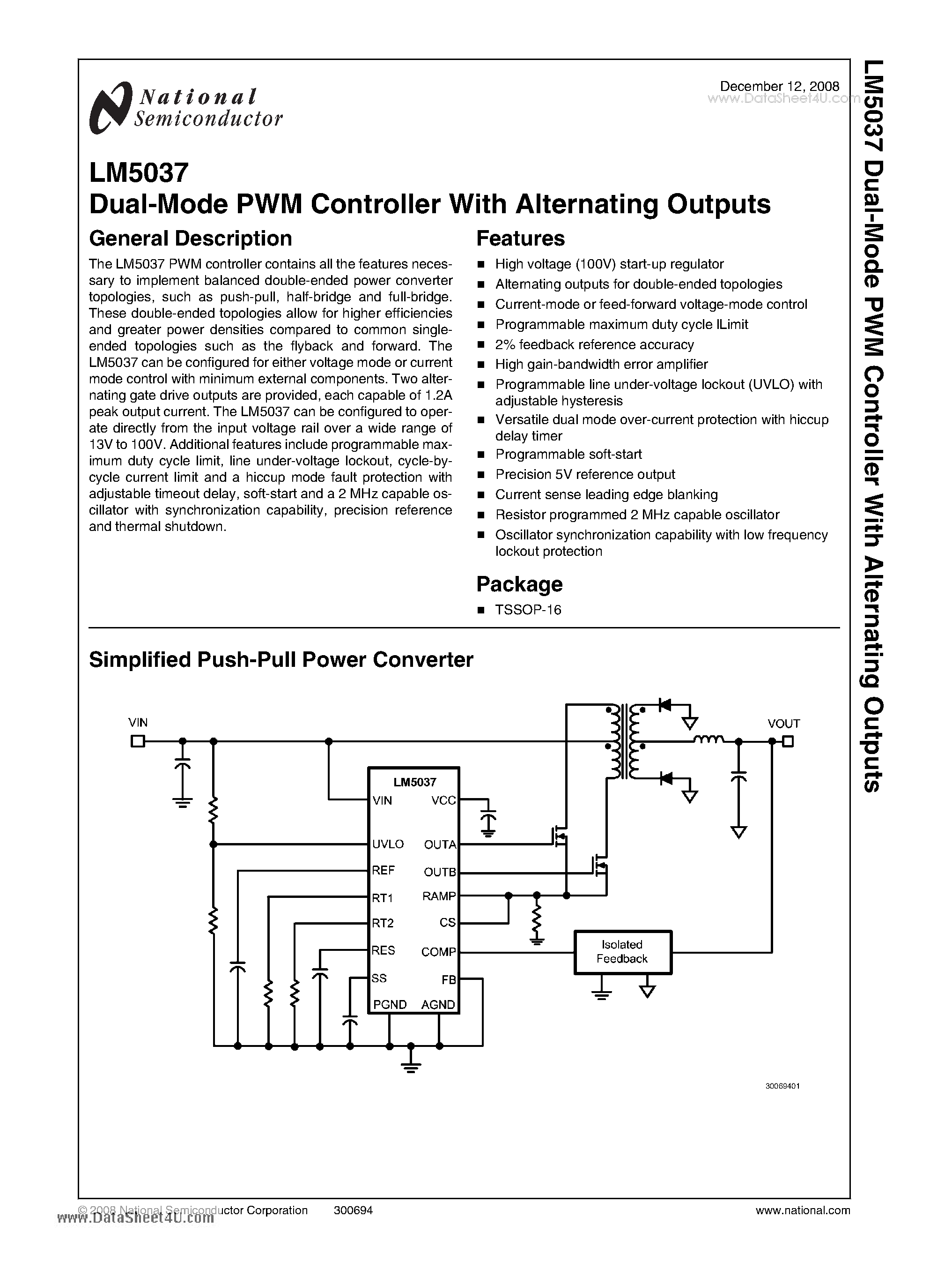 Datasheet LM5037 - Dual-Mode PWM Controller page 1