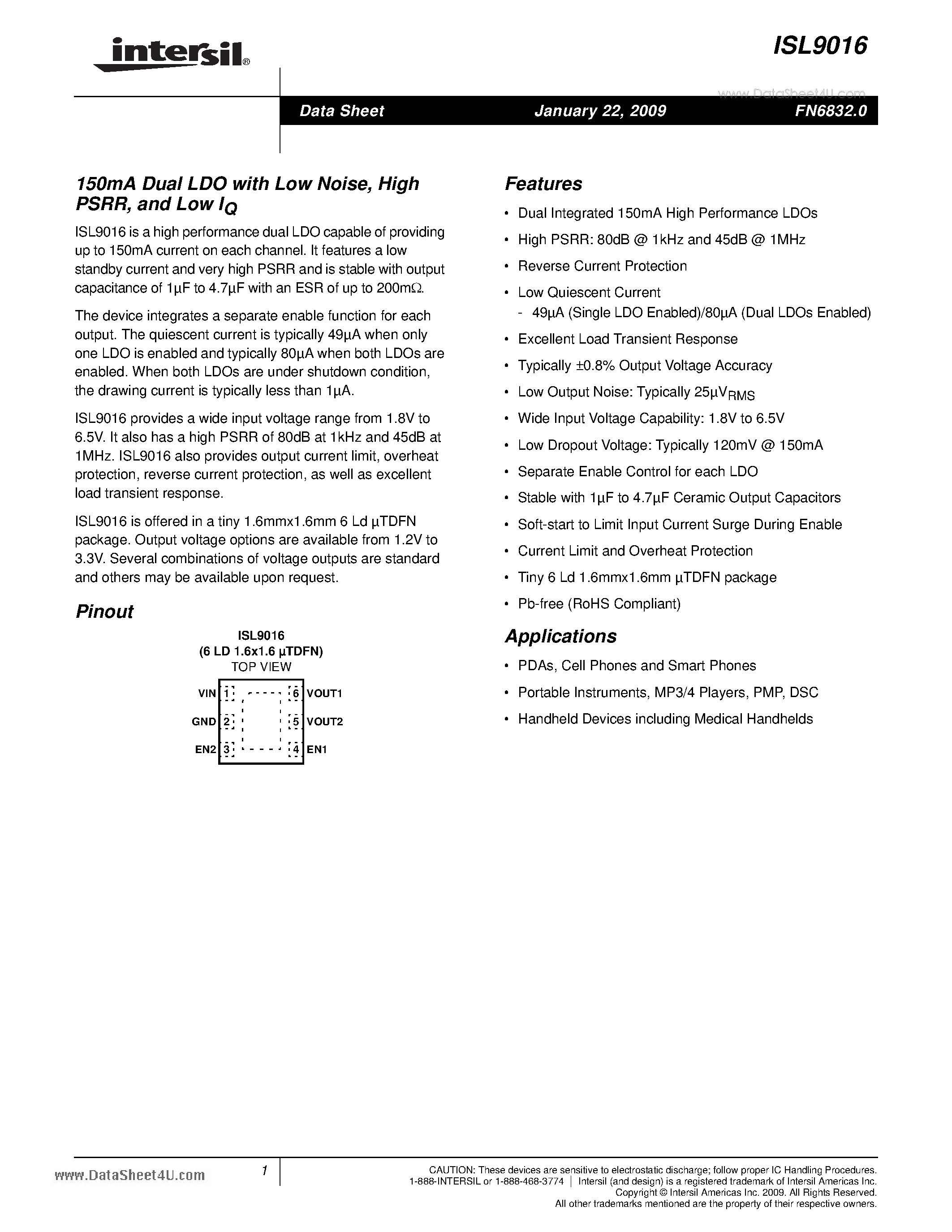 Datasheet ISL9016 - 150mA Dual LDO page 1