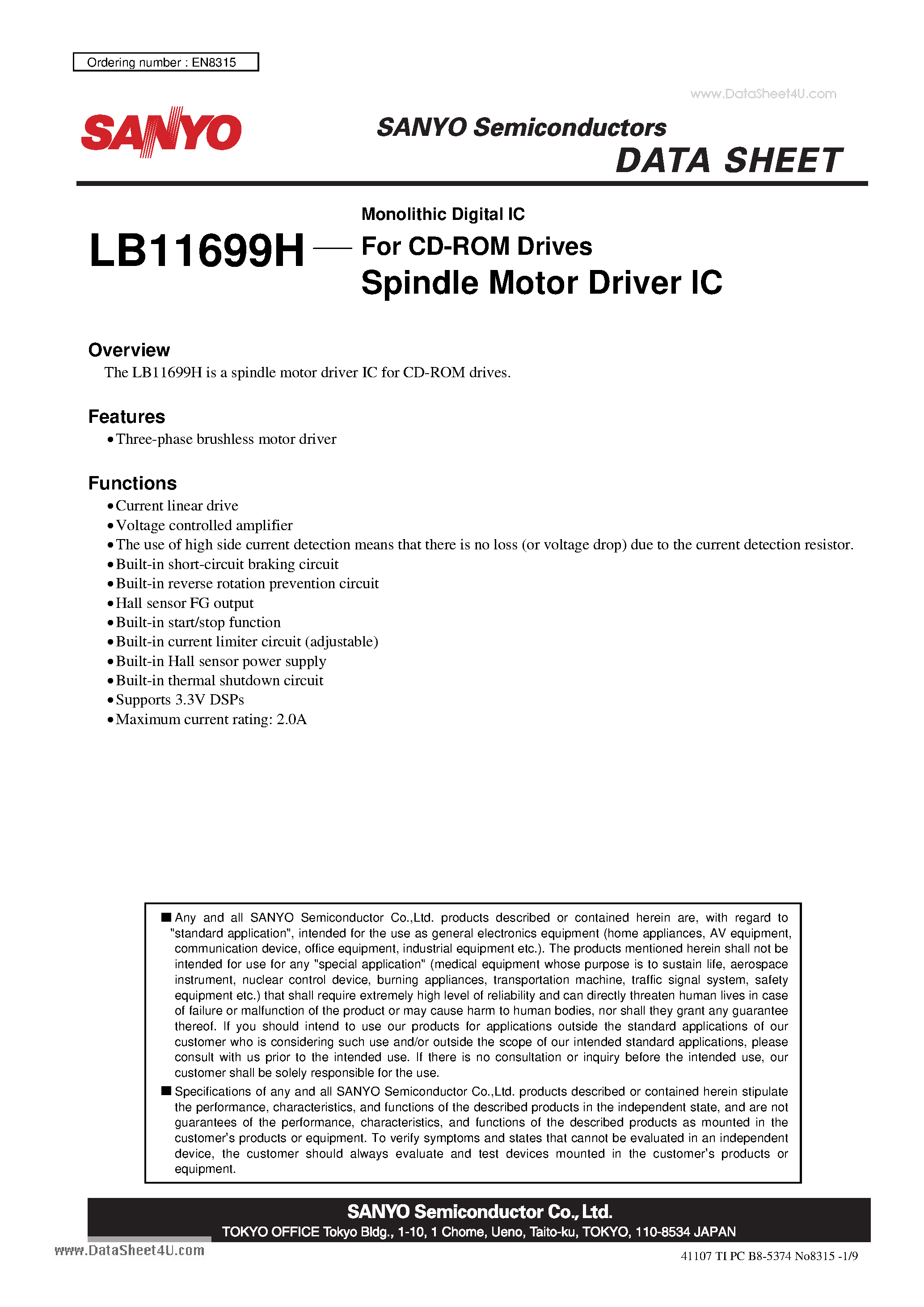 Даташит LB11699H - Spindle Motor Driver IC страница 1