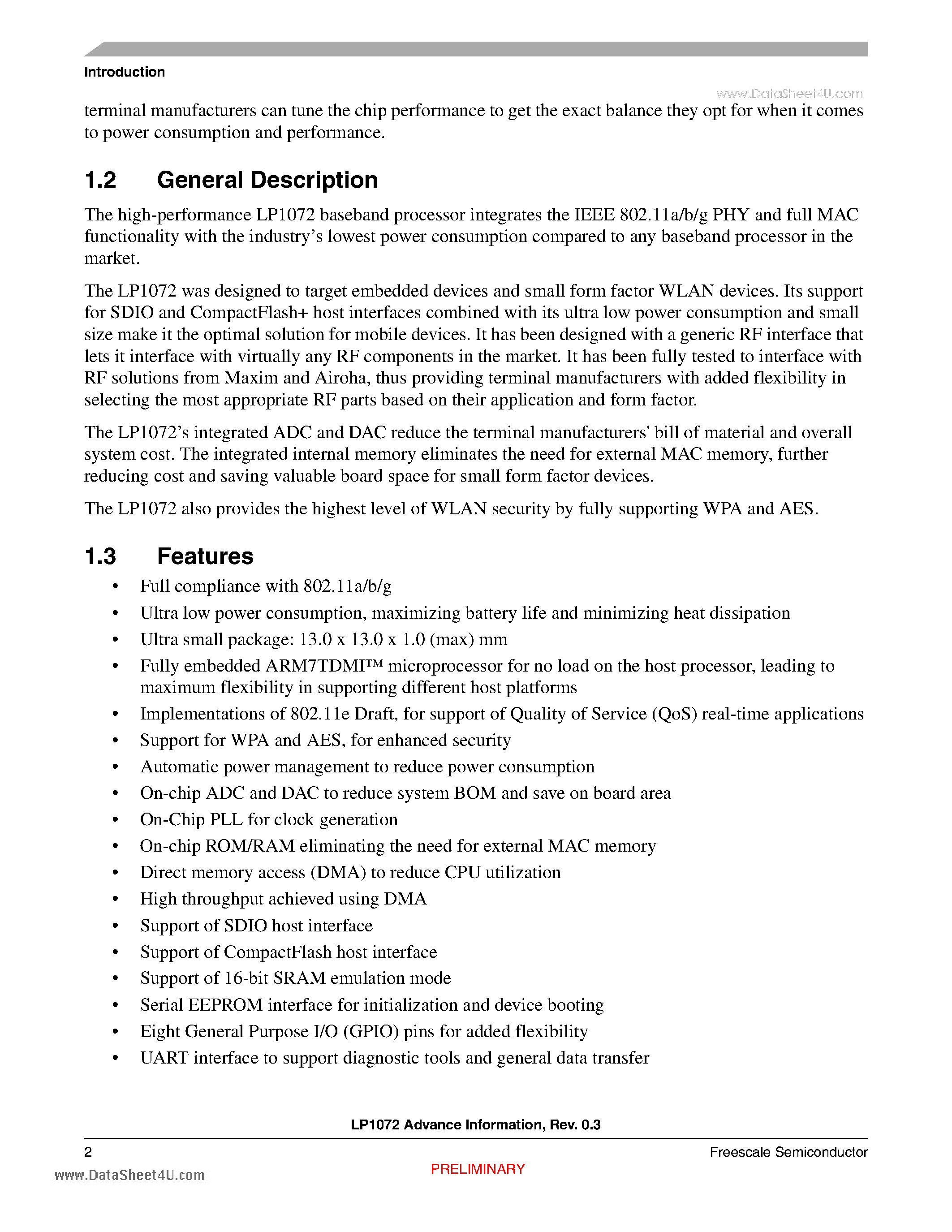 Datasheet LP1072 - 802.11a/b/g Baseband System Solution page 2