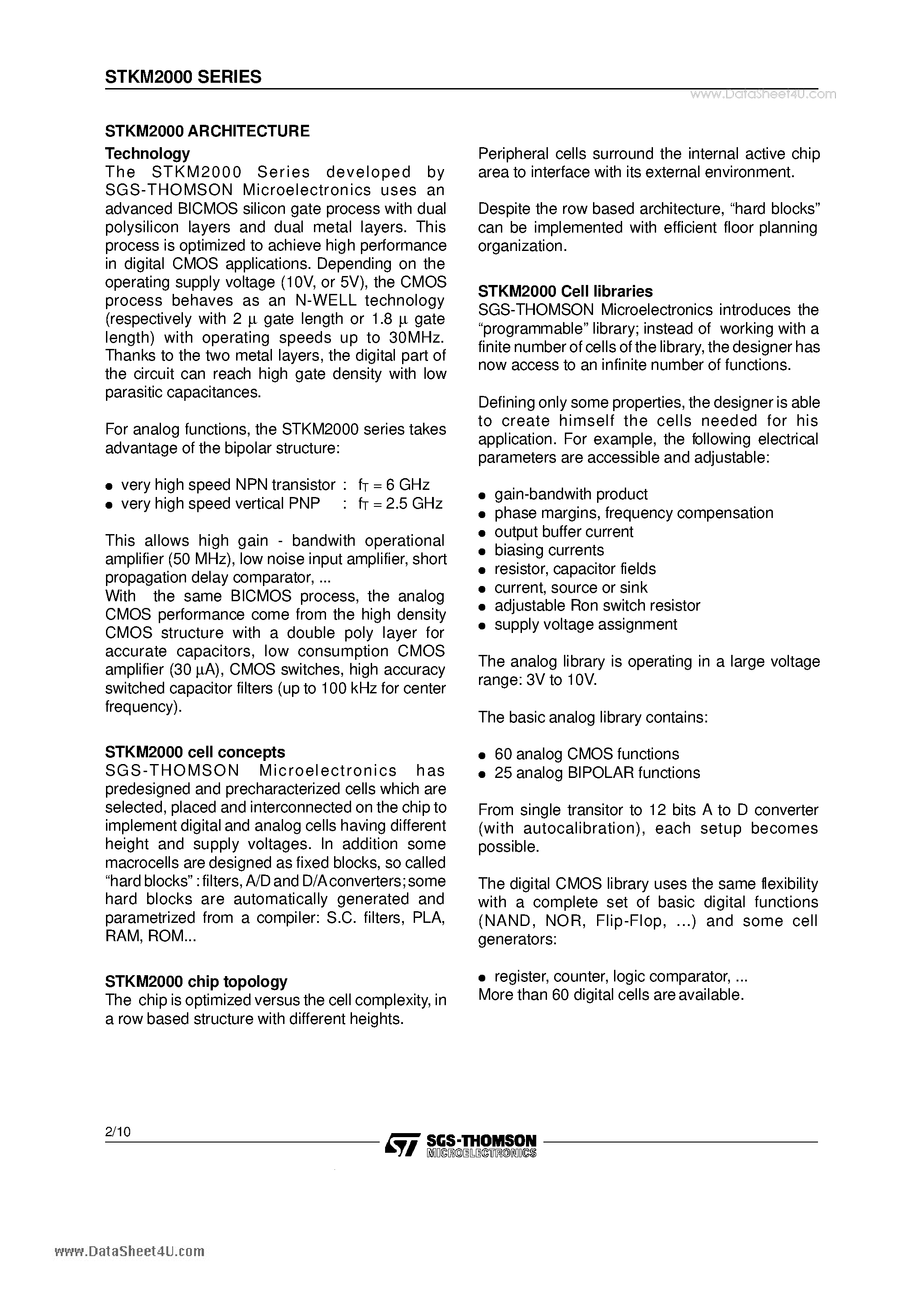 Datasheet STKM2000 - 2u/2 POLY/2 METAL BiCMOS MIXED ANALOG-DIGITAL STANDARD CELLS page 2