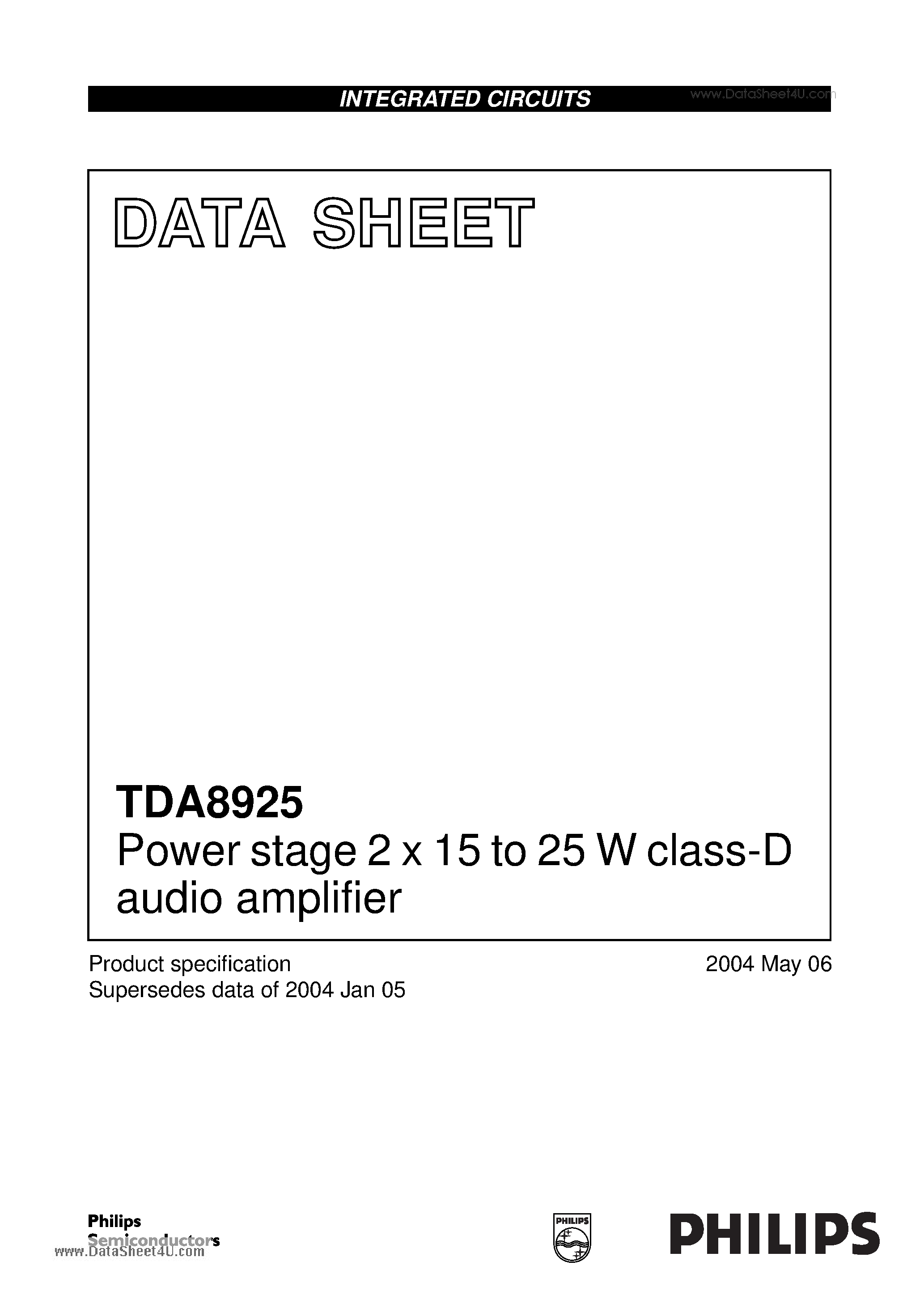 Даташит TDA8925 - Power stage 2 x 15 to 25Wclass-D audio amplifier страница 1