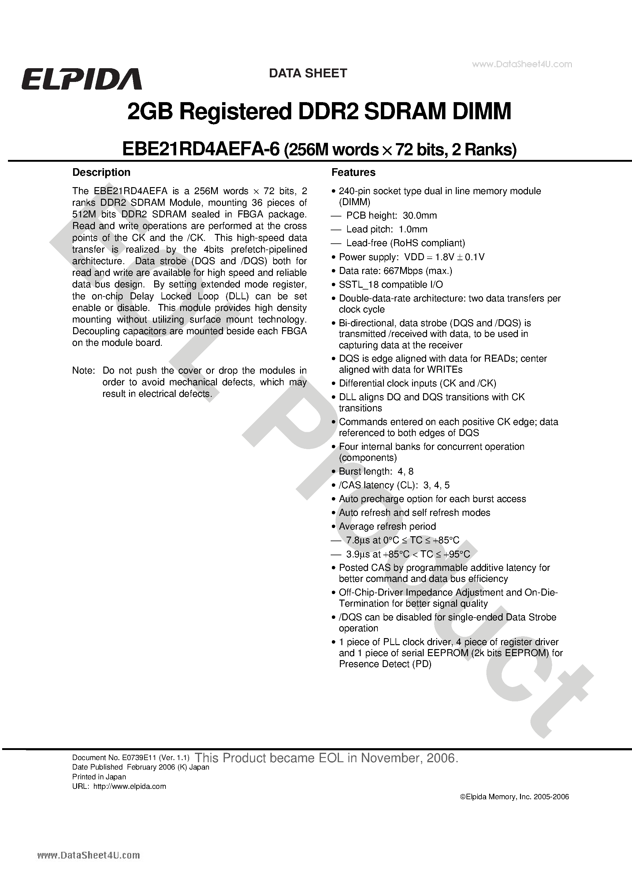 Даташит EBE21RD4AEFA-6 - 2GB Registered DDR2 SDRAM DIMM страница 1