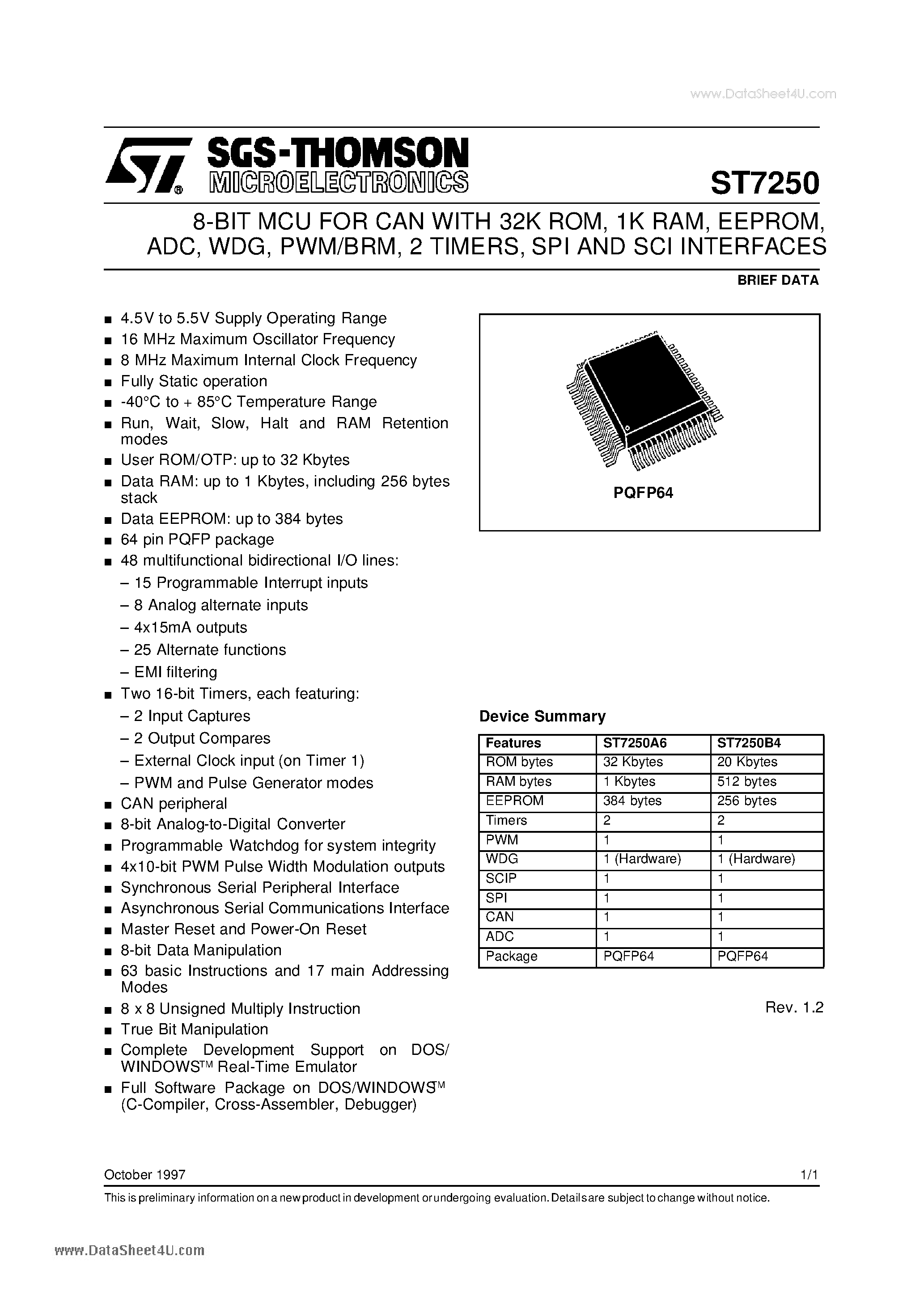 Даташит ST7250 - 8-BIT MCU FOR CAN WITH 32K ROM 1K RAM EEPROM ADC WDG PWM/BRM 2 TIMERS SPI AND SCI INTERFACES страница 1