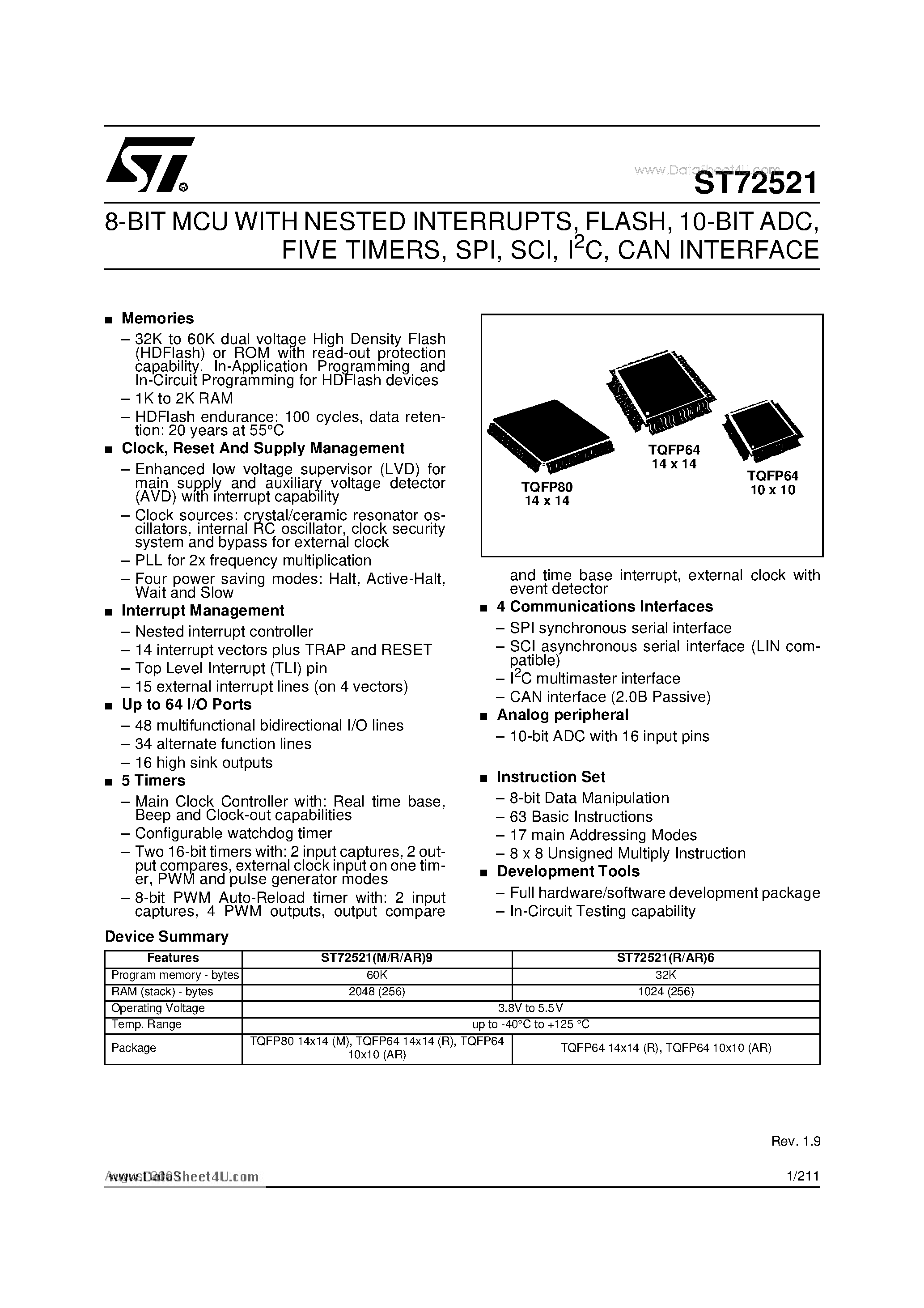 Даташит ST72521 - 8-BIT MCU WITH NESTED INTERRUPTS FLASH 10-BIT ADC FIVE TIMERS SPI SCI I2C CAN INTERFACE страница 1