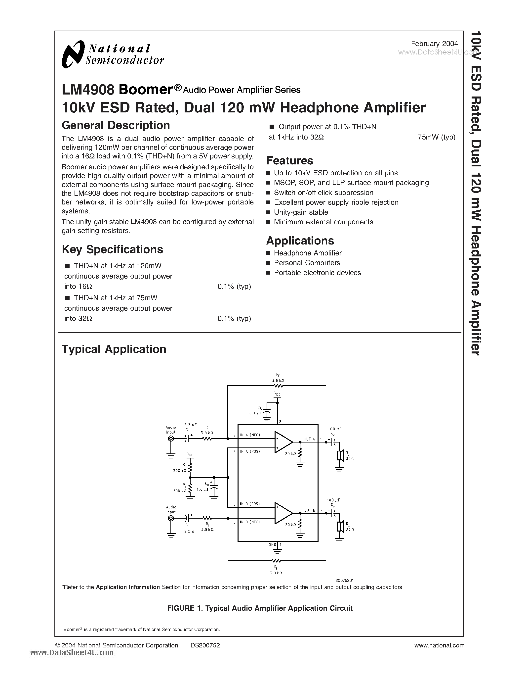 Даташит LM4908 - 10kV ESD Rated Dual 120 mW Headphone Amplifier страница 1